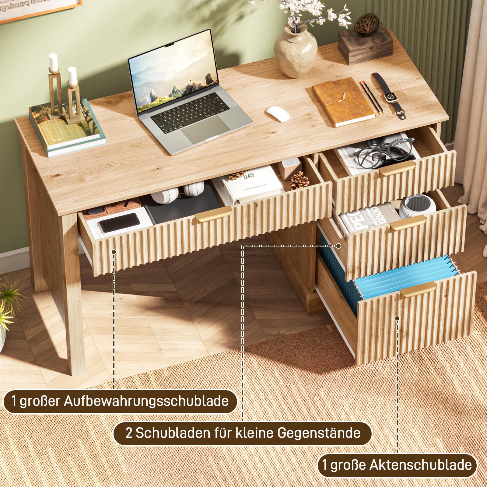 Eichenfarbener geriffelter Schreibtisch mit Schubladen, Holz Computertisch | Bürotisch mit Stauraum, Stabile Holzverarbeitung, praktische Schubladen, platzsparend, abwischbare Oberfläche