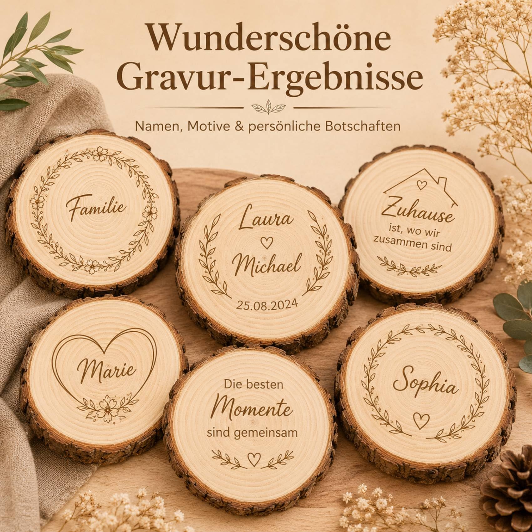 6er Set Personalisierter Holzscheiben mit Gravur Text Muster, 20-22 cm Durchmesser Baumscheiben Natur ohne Loch 15 mm Dicke, Große Holzscheiben für Hochzeit, Tischdeko & DIY Basteln