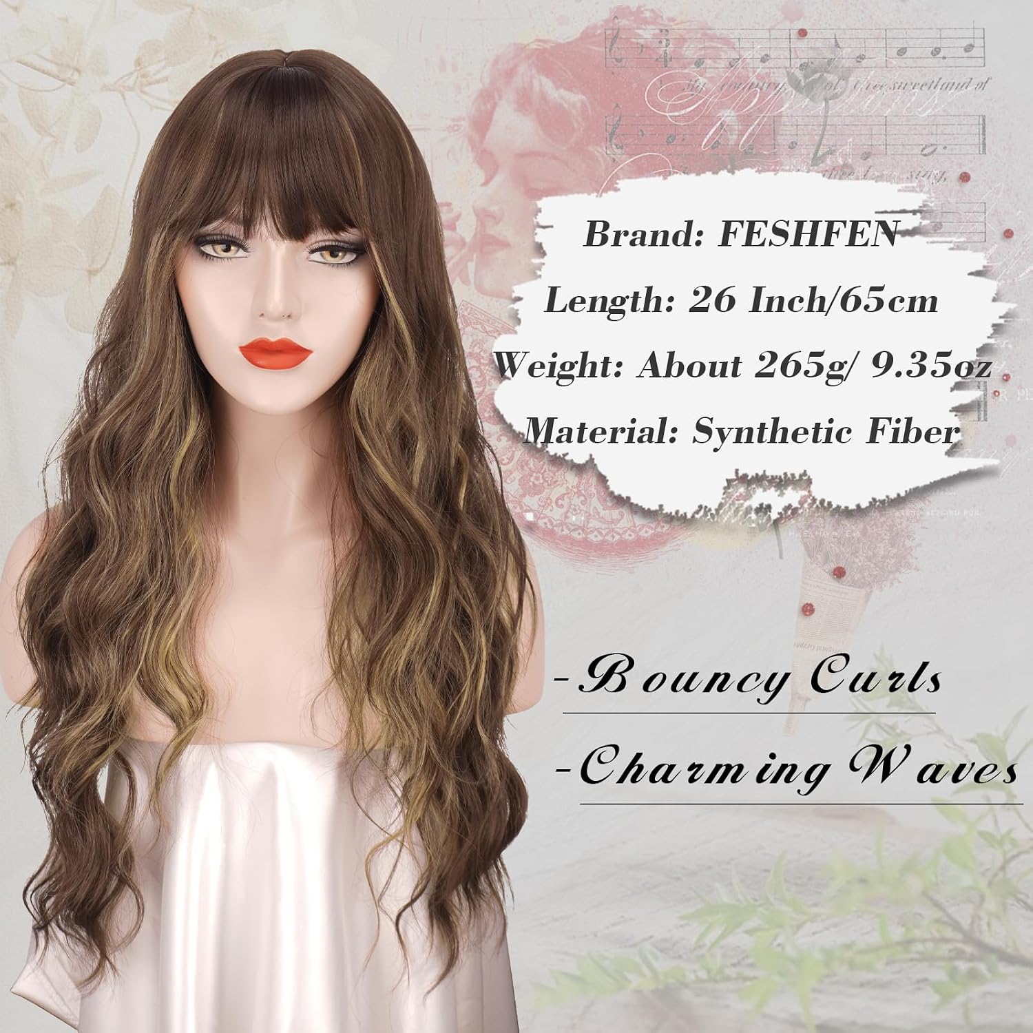 FESHFEN Brown Blonde Wig with Bangs for Women, Long Wavy Natural Looking Synthetic Hair Wigs for Daily Party Costume, Brown Mixed Blonde 26 inch