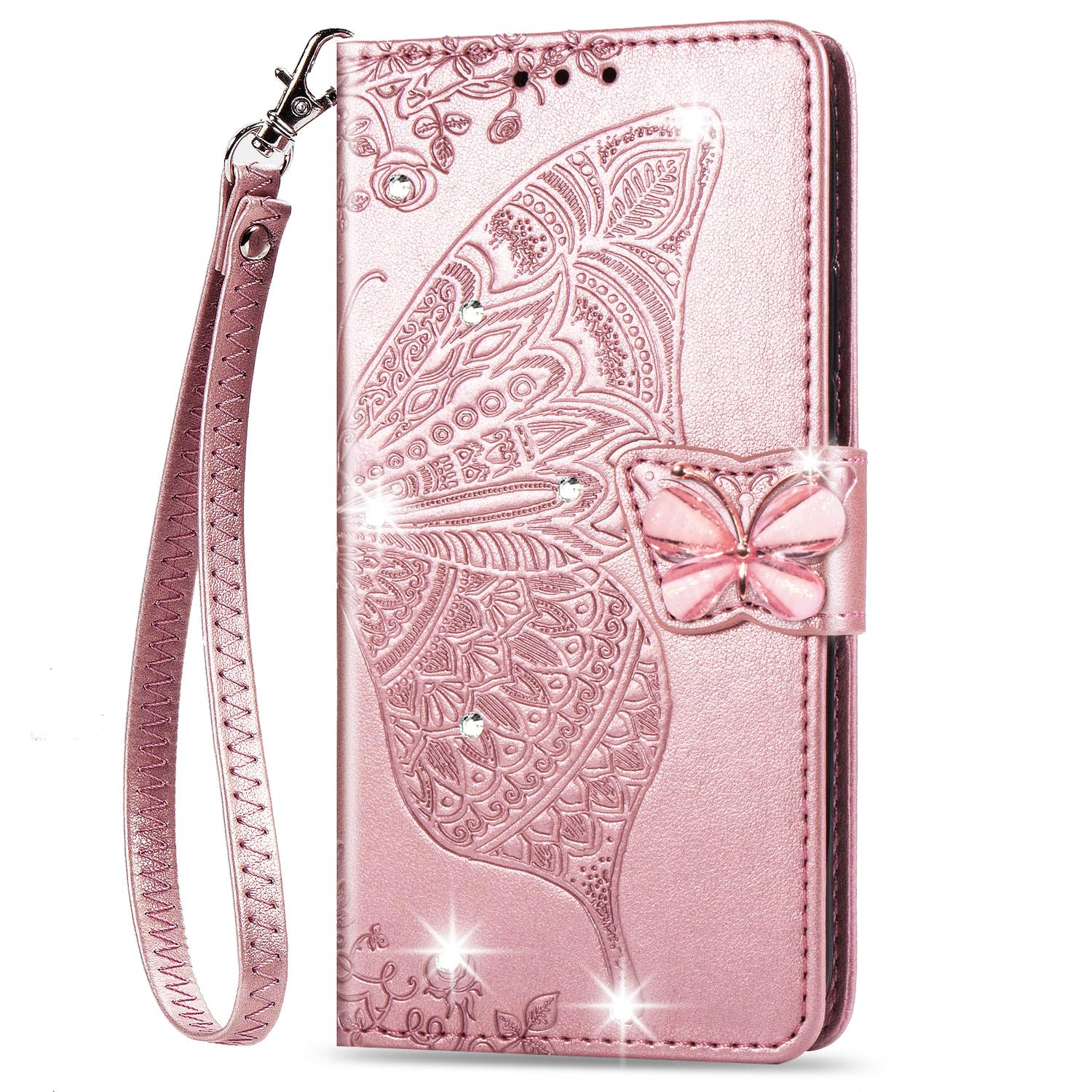 iphone SE3 SE2 (第2世代/第3世代) iphone 8 / 7 用 ケース 手帳型 かわいい おしゃれ お花 ハート形 きらきら ラインストーン 蝶々 デザイン カード 収納 ストラップ 付き 耐衝撃 アィフォン 7/8 / SE 2 SE 3 スマホケース ハンドメイド 女性 優雅 純色 手帳ケース PUレザー 携帯カバー (ローズゴールド)