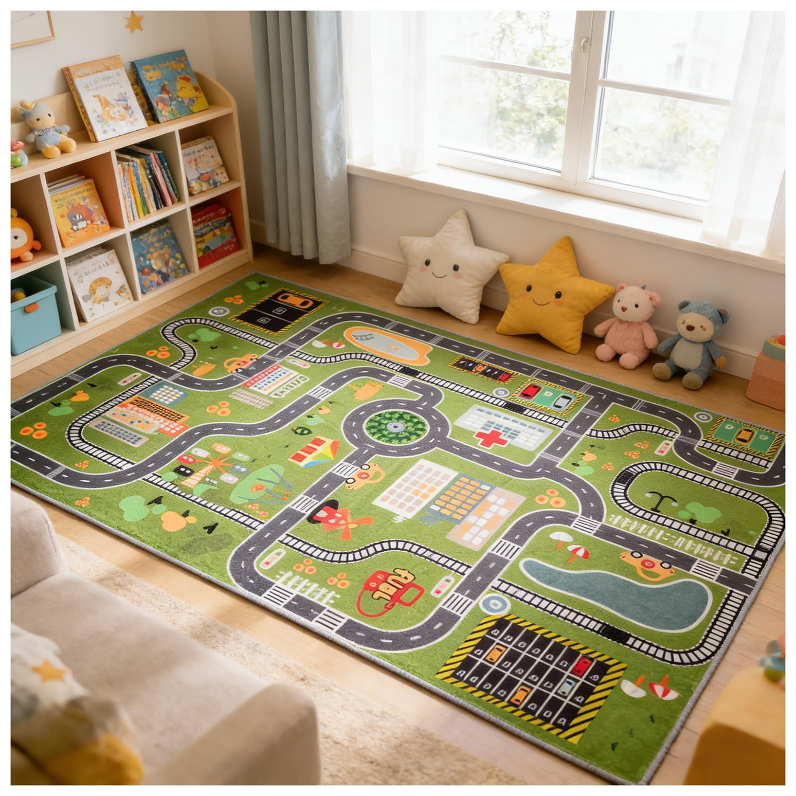Tapis de Jeu éducatif Plan de Ville, Tapis de Sol épais et rembourré pour Chambre de garçon, Tapis d'apprentissage interactif avec stationnement et Panneaux de signalisation