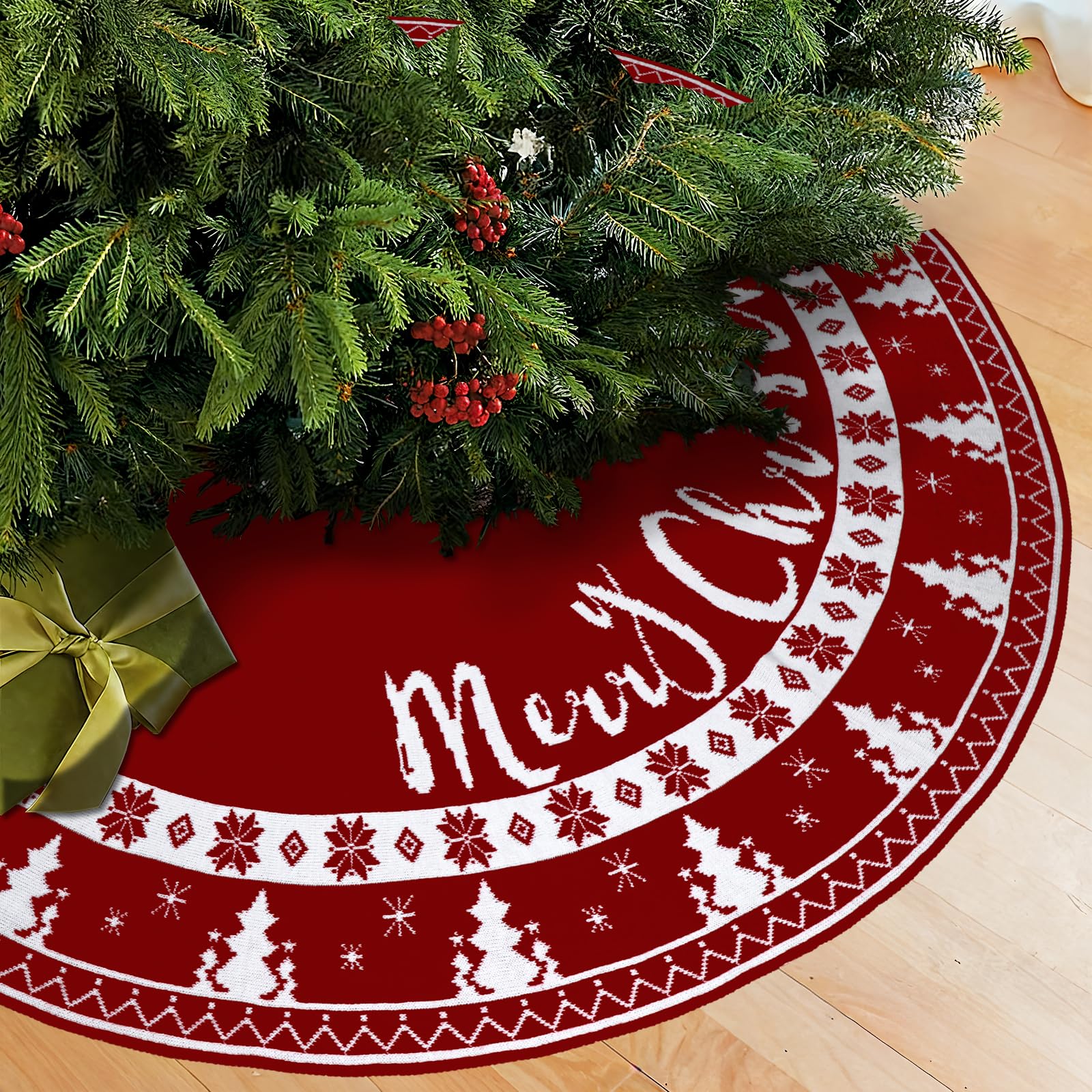 OurWarm 72 Inch Christmas Tree Skirt, Knit Tree Skirt for 7.5 ft Tree to 12ft Tree, Double Sided Large Knitted Tree Skirt Xmas Tree Skirts for Winter Indoor Holiday Party Christmas Tree Decorations