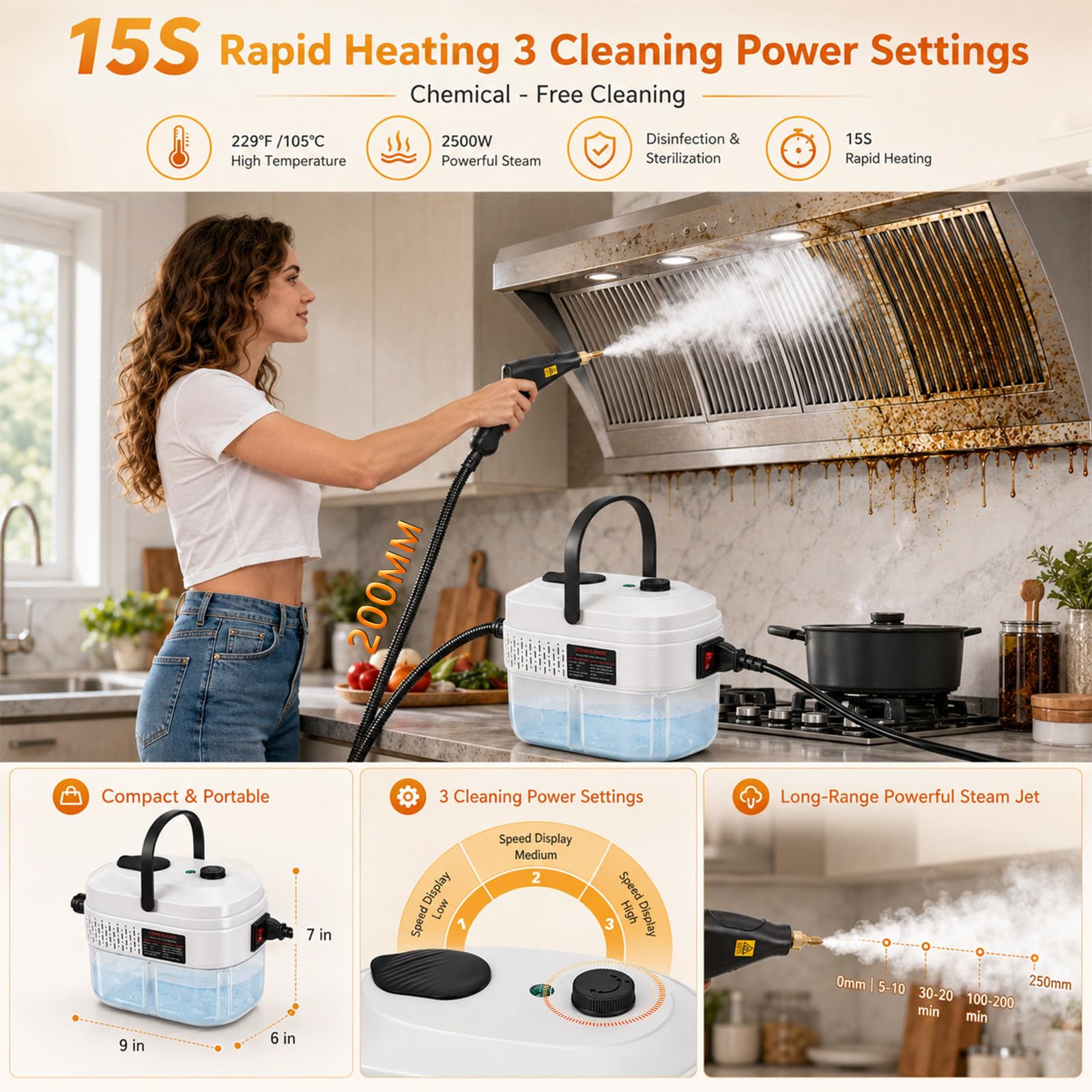 Nettoyeur Vapeur Portable, 2500W Nettoyeur à Vapeur Manuel ,Chauffe Rapide en 15s, 3 Niveaux de Réglage, 1,4L Steam Cleaner, Nettoyeur Vapeur Haute Pression Pour Maison, Cuisine, Salle de Bain, Auto