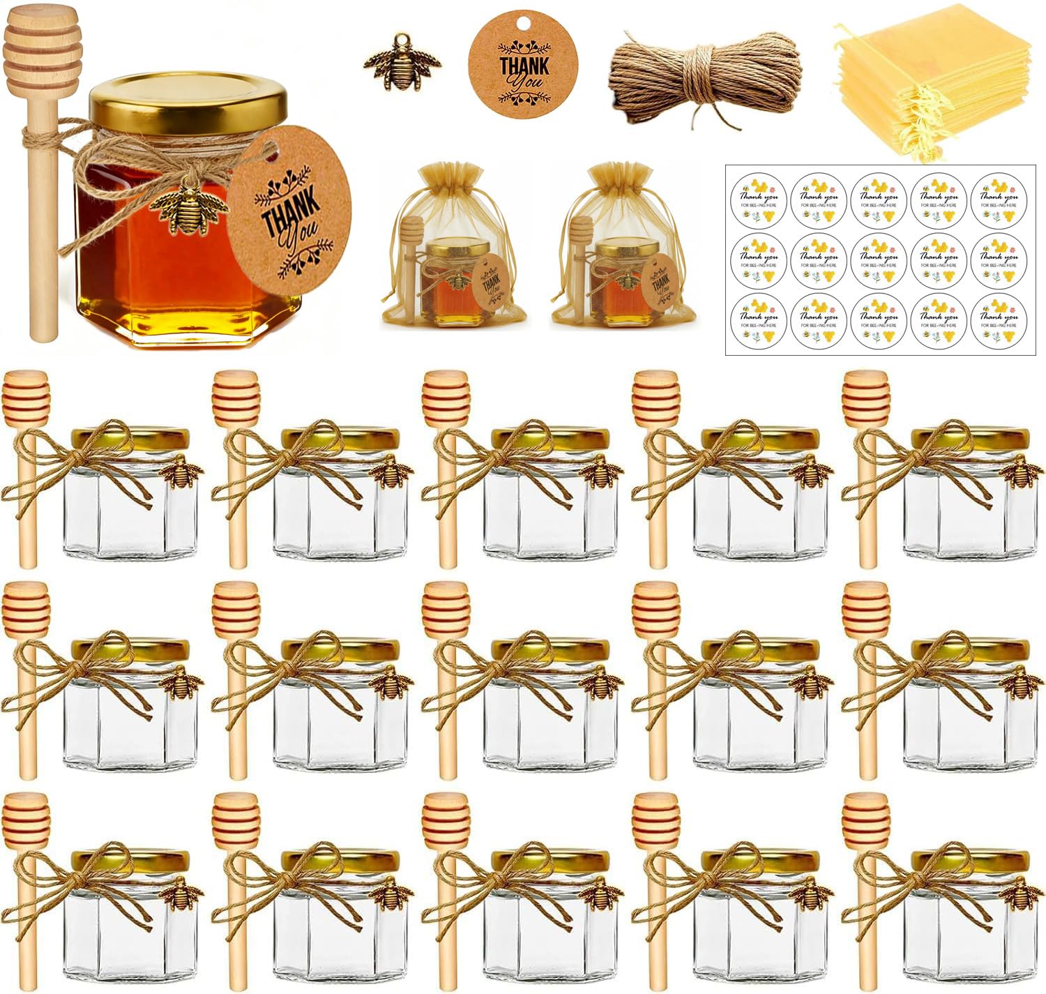 Adabocute Honey Pot 2oz Mini Glass Honey Jars with Wood Dipper