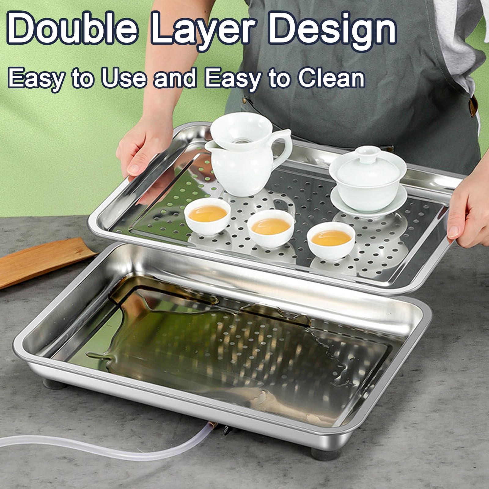 Bandeja de goteo de acero inoxidable 304, bandeja de drenaje de cocina de doble capa con tubo de drenaje, 18 x 14 x 2 pulgadas, fácil de limpiar, ideal para sala de estar y cocina, duradera y