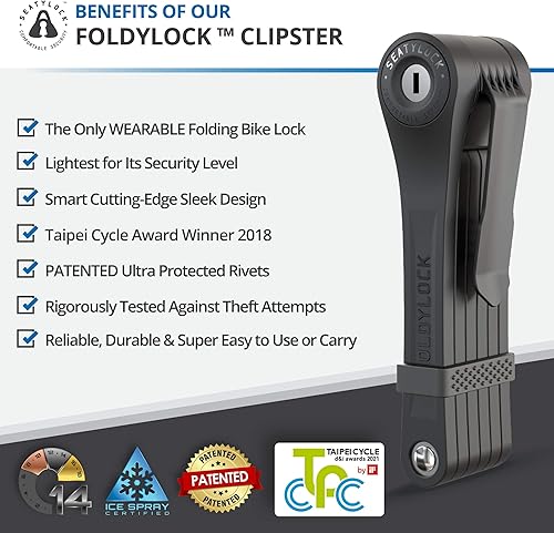 Miniatura 2 de FoldyLock Clipster - Cerradura plegable para bicicleta, galardonada cerradura compacta para bicicleta, ultra elegante, ligera, accesorio de