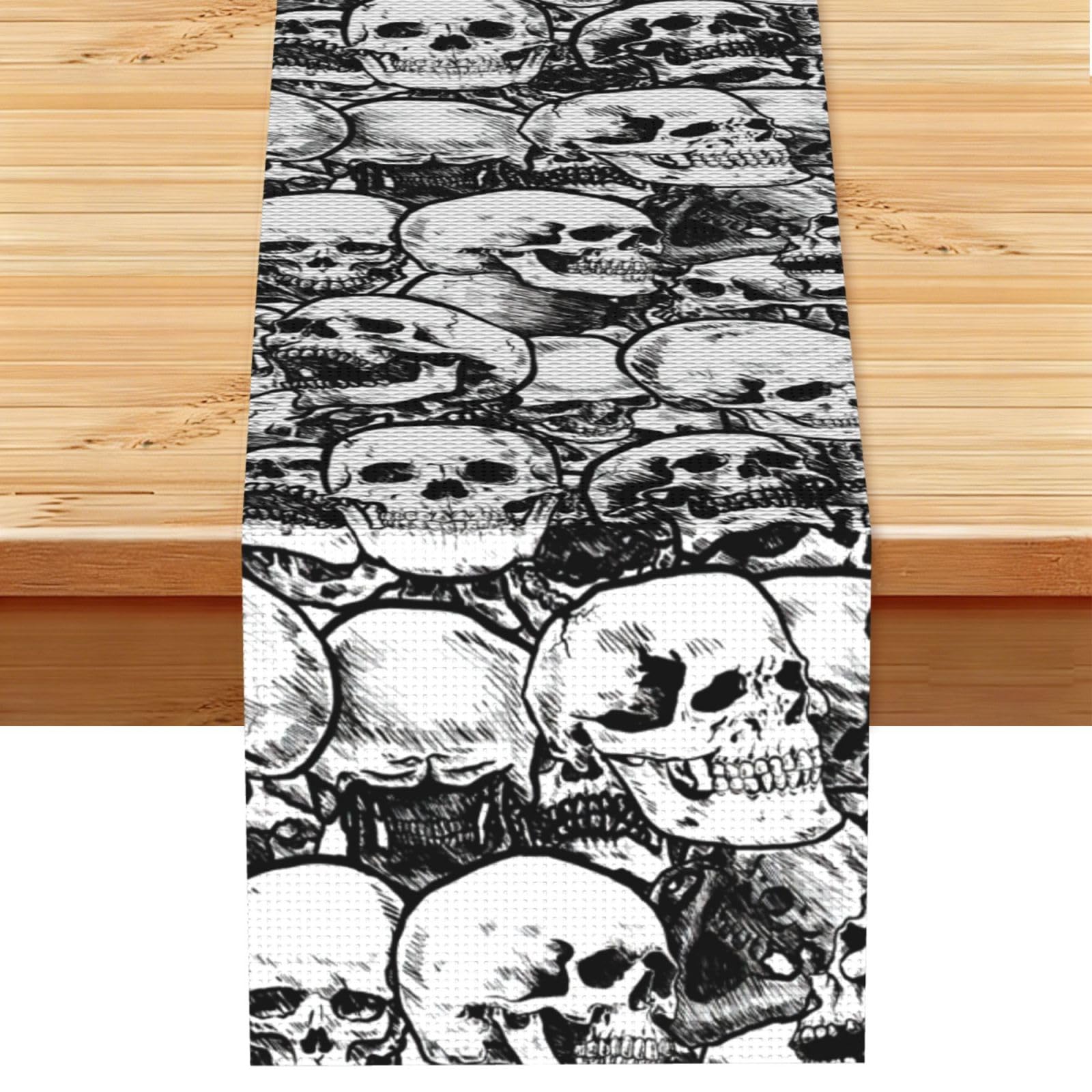 Black and white skulls pattern Print Table Runner for Home Hotel Dining Kitchen Party Indoor Outdoor Decor,13x72 Inch