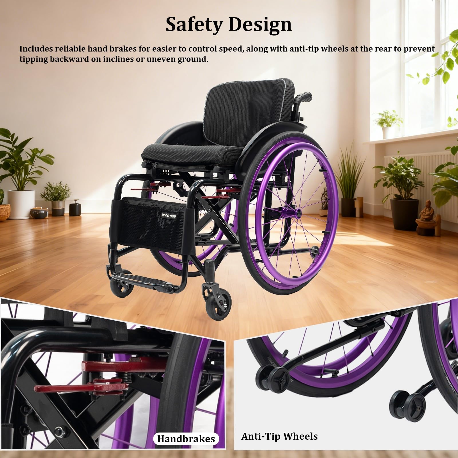 Sedia a rotelle pieghevole, di trasferimento, alluminio, ultraleggero, poggiapiedi pieghevoli, freno manuale, portatile(nero, 14.9in Seat Width)