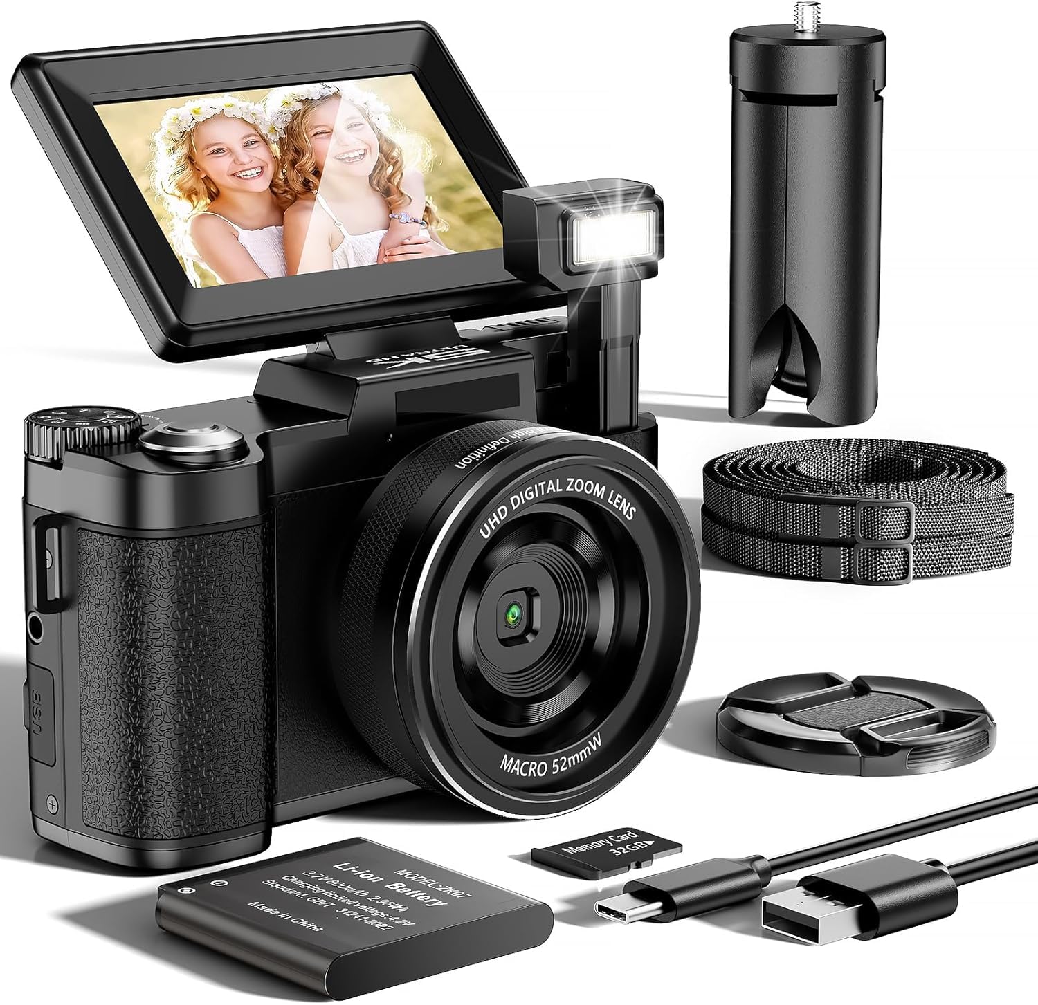 Camara de Fotos 5K 64MP Zoom Digital 18X Camara Digital Enfoque Automático, Pantalla IPS de 3" 180°, Camara Vlogging con Tarjeta de Memoria de 32GB, Batería de 800mAh, Ideal para Principiantes Jóvenes