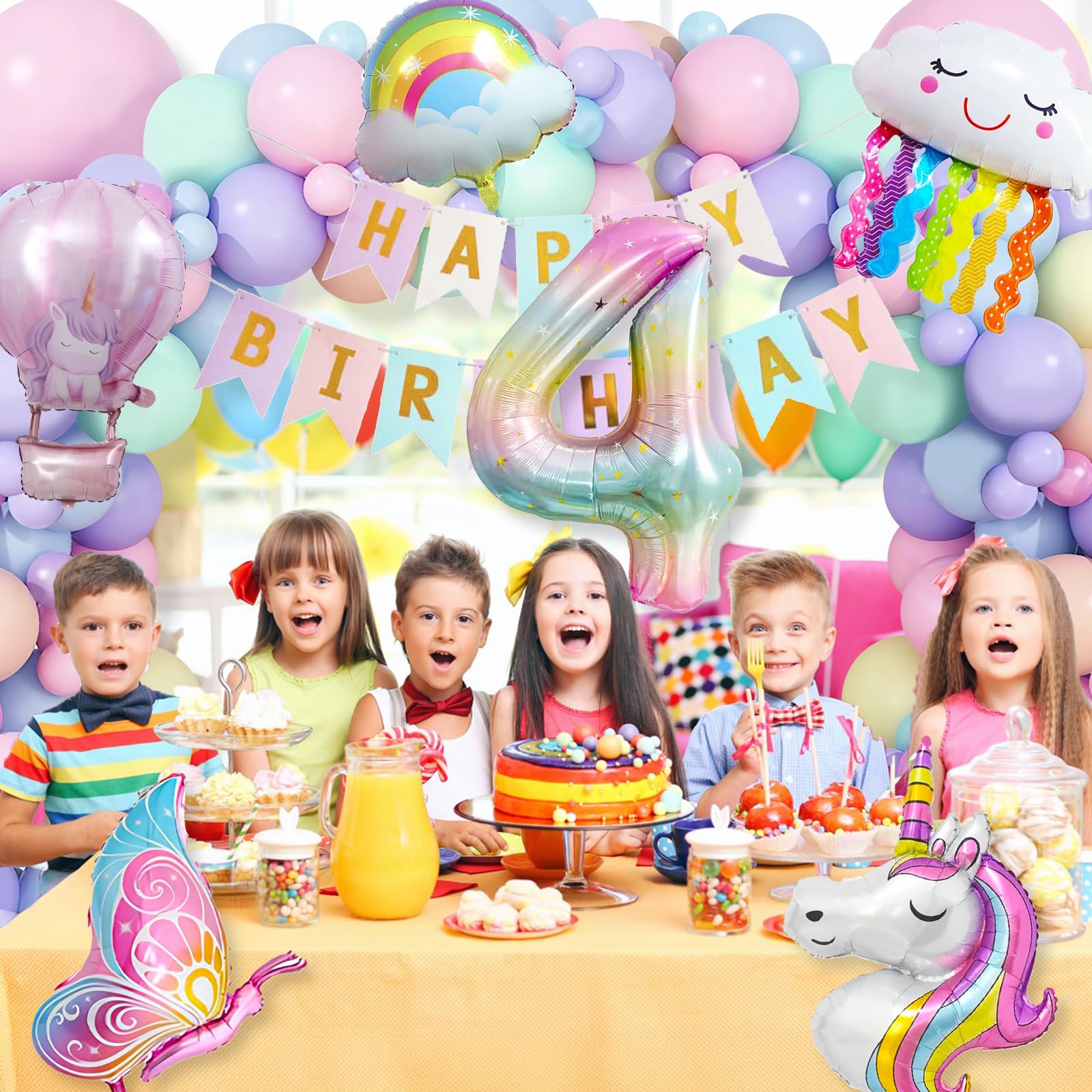 Décorations de fête d'anniversaire licorne 4 ans pour filles - 9 ballons en aluminium thème licorne arc-en-ciel avec grand ballon chiffre de 101,6 cm pour fournitures de fête d'anniversaire enfants