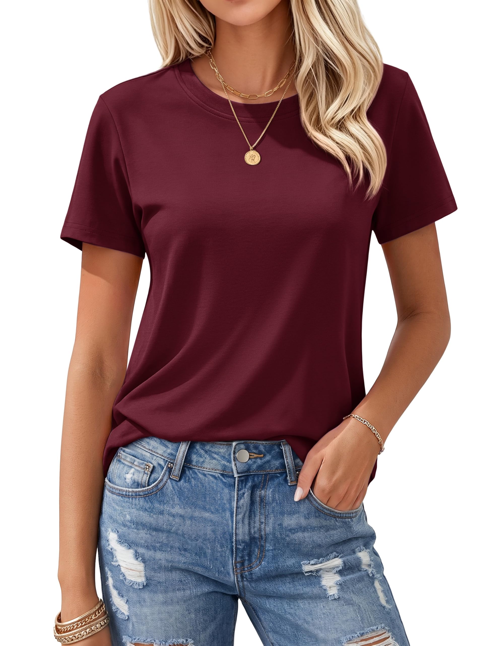 MAGCOMSEN Women's T Shirts Cotton Short Sleeve Shirts Crew-Neck Summer Tops Classic-Fit Tees Breathable Casual Clothes