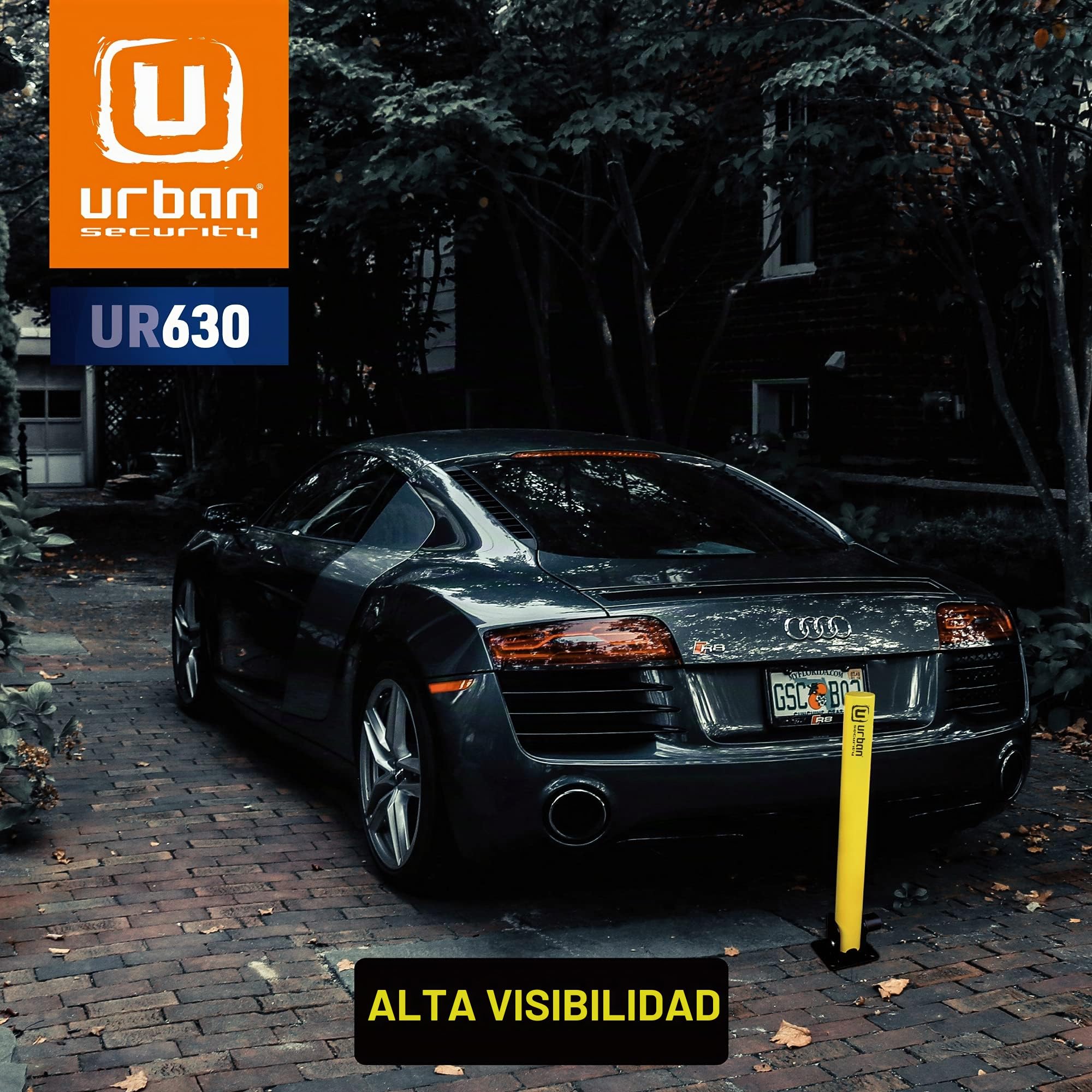 URBAN UR630 Cepo para Plaza de Garaje Abatible 62cm, Poste Barrera Parking Amarillo Alta Visibilidad, Cerradura Seguridad Mejorada, Bolardo Bloqueo Plaza Parking para Plaza Privada