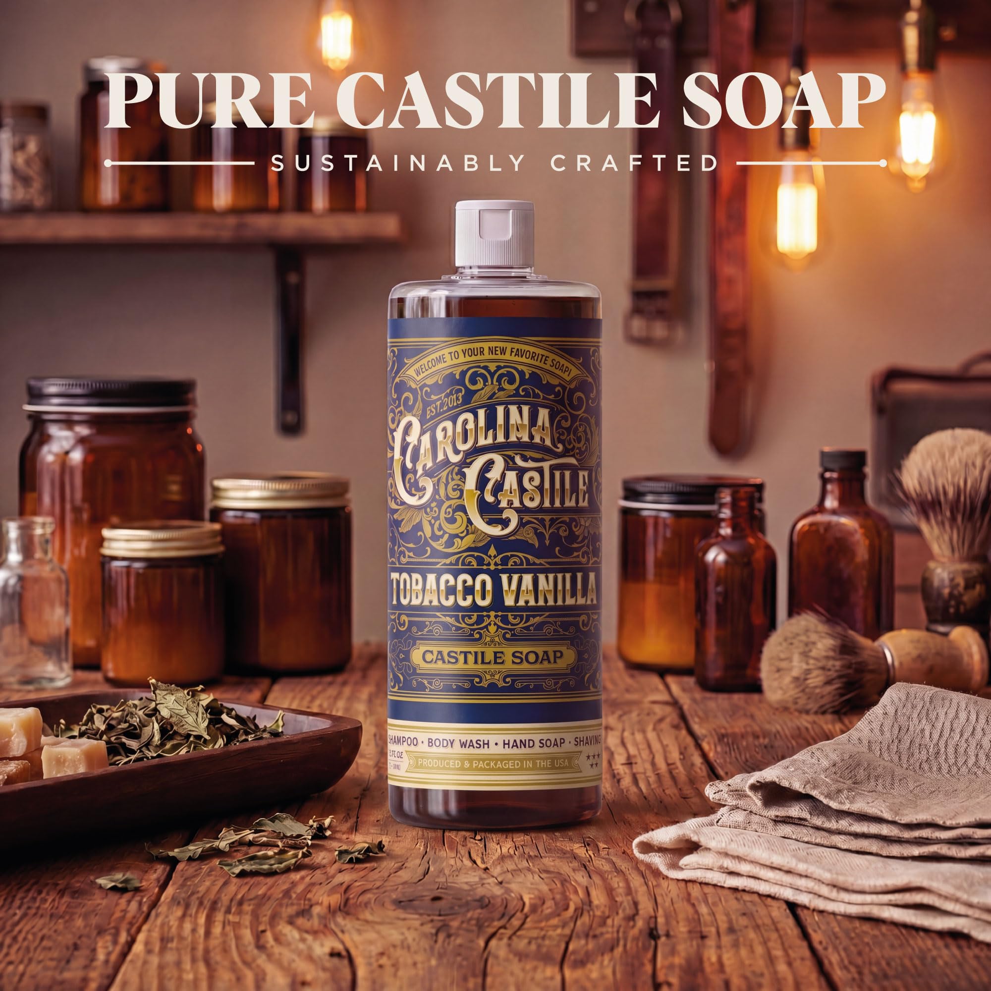 Castile Soap Liquid Body Wash Sensitive Skin – naturalne mydło dla mężczyzn z oliwą z oliwek, masłem kokosowym i olejkiem kokosowym – wegańskie męskie mydło do ciała i szampon dla mężczyzn – Tobacco
