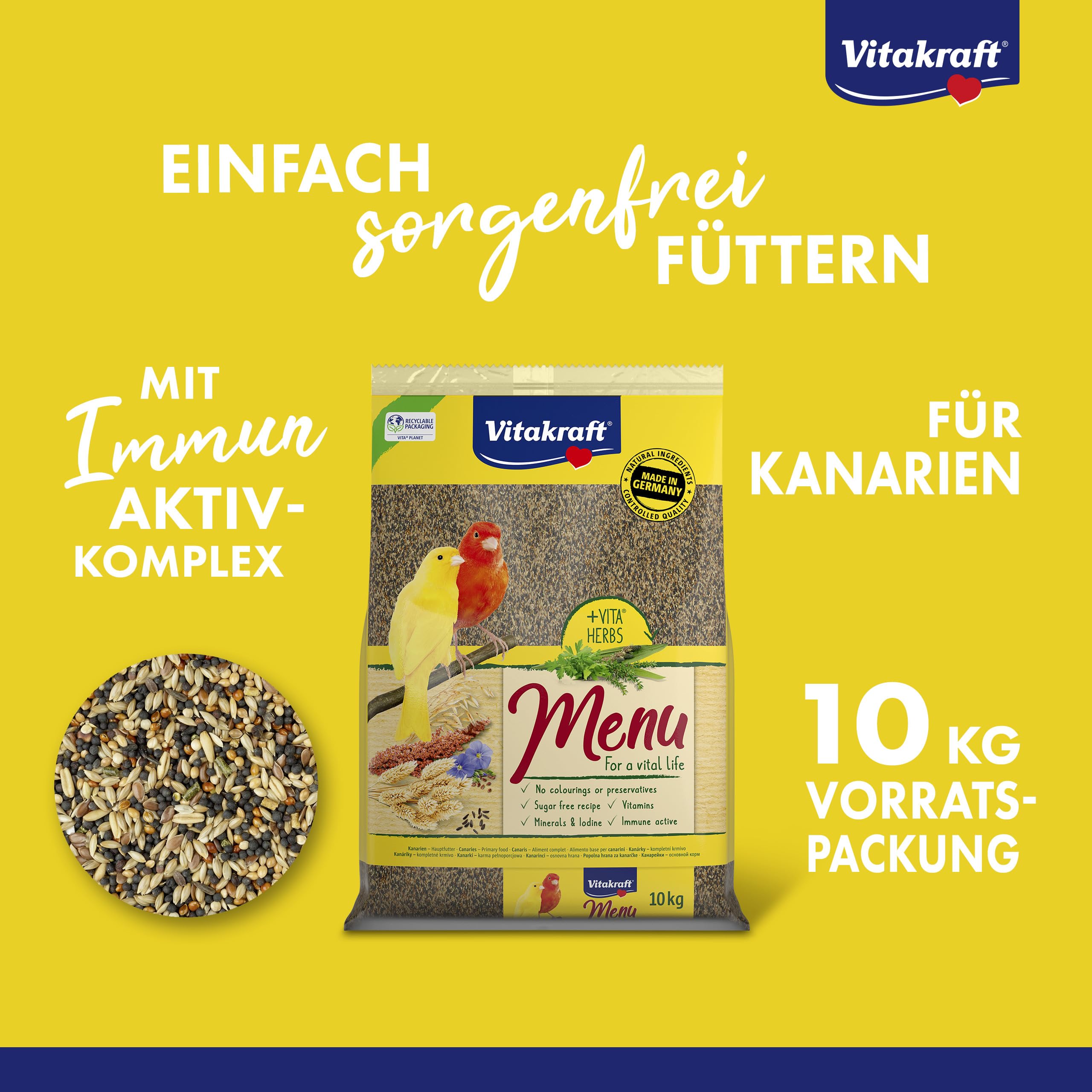 Vitakraft Menu 10 kg, mangime principale per canarini, con vitamine, complesso attivo immunitario ed erbe aromatiche (1 x 10 kg)