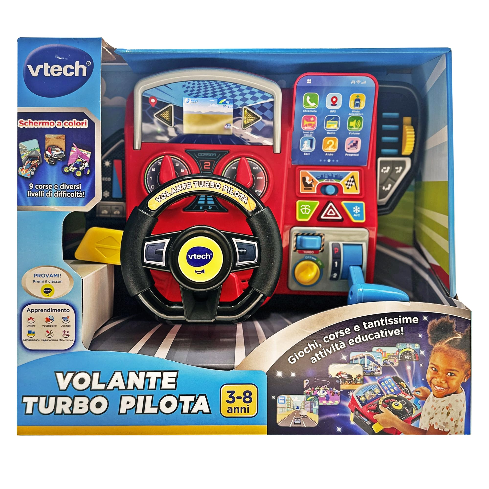VTech Kierownica Turbo Pilot, kierownica dla dzieci z interaktywną deską rozdzielczą, ponad 20 gier edukacyjnych i 9 obwodów, ekran LCD, klakson i wskaźnik kierunku, język włoski, baterie w zestawie | 20 gier edukacyjnych, 9 obwodów, ekran LCD, klakson, w