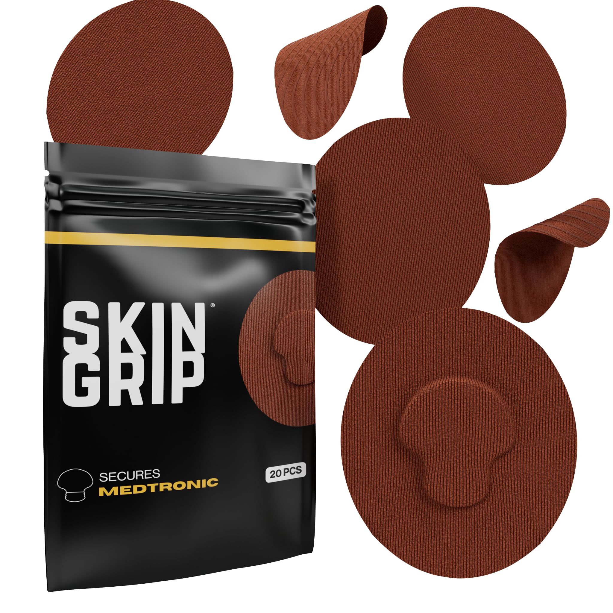 Skin Grip CGM Patches for Medtronic Guardian Sensor (20-Pack), Waterproof & Sweatproof for 10-14 Days, Pre-Cut Adhesive Tape, Continuous Glucose Monitor Protection (Chocolate)