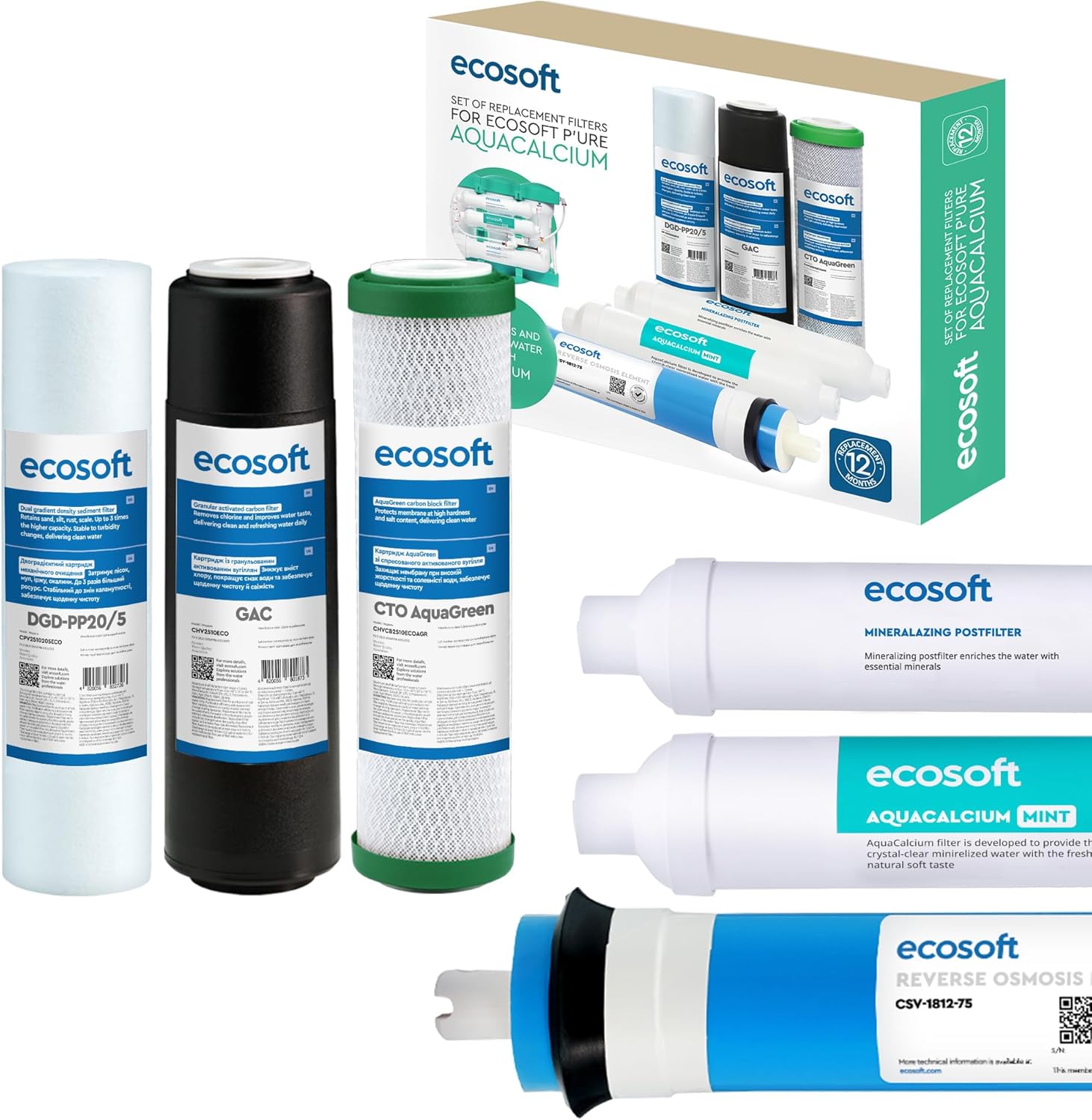 Ecosoft Pure AquaCalcium Mint Replacement Filter for Reverse Osmosis, RO 75 GPD Membrane and Calcium Remineraliser, 6 Pack, Change Every 12 Months