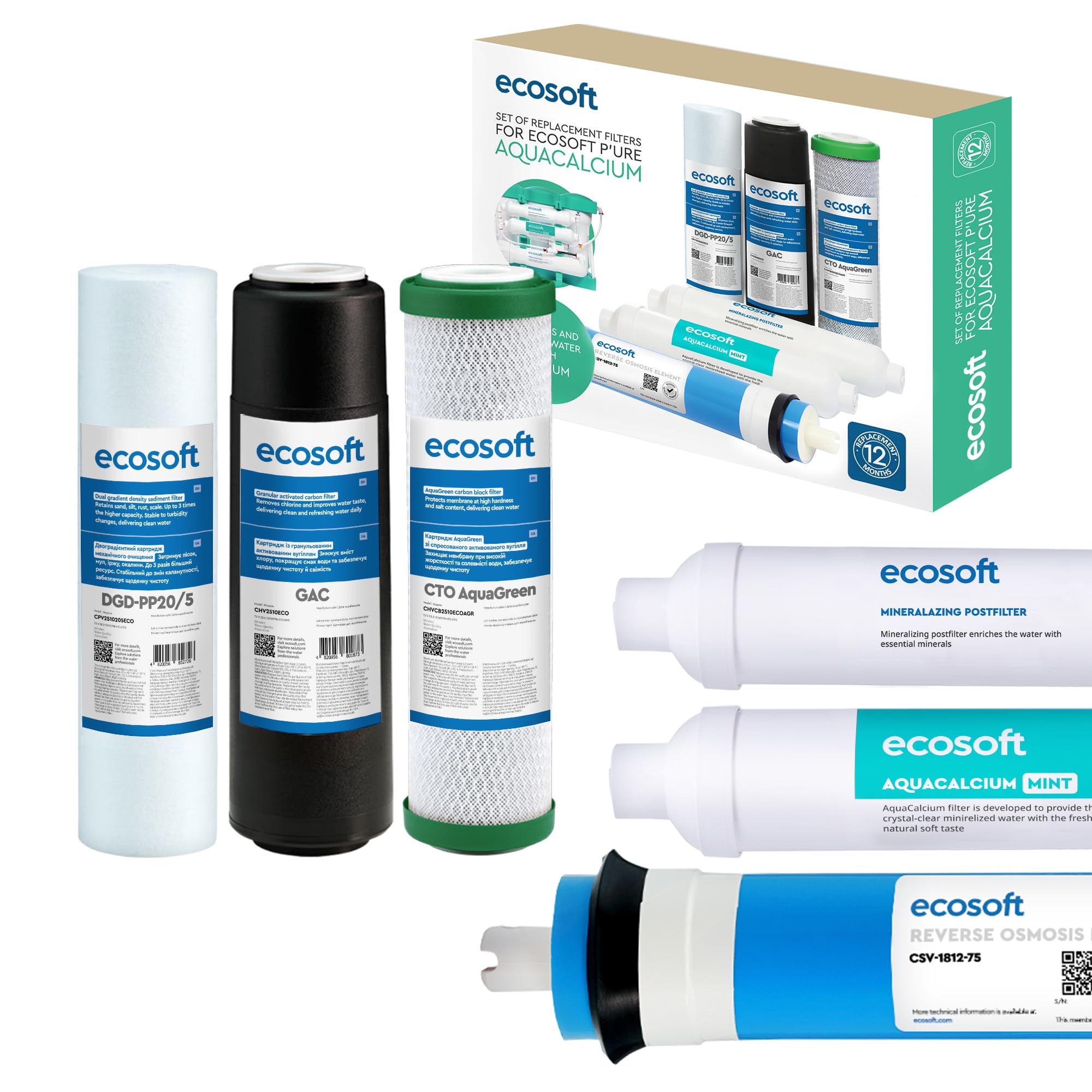 Ecosoft PURE AquaCalcium Mint Ersatzfilter für Umkehrosmose, RO 75 GPD Membran und Calcium Remineralisierer, 6 Stück, Wechsel alle 12 Monate
