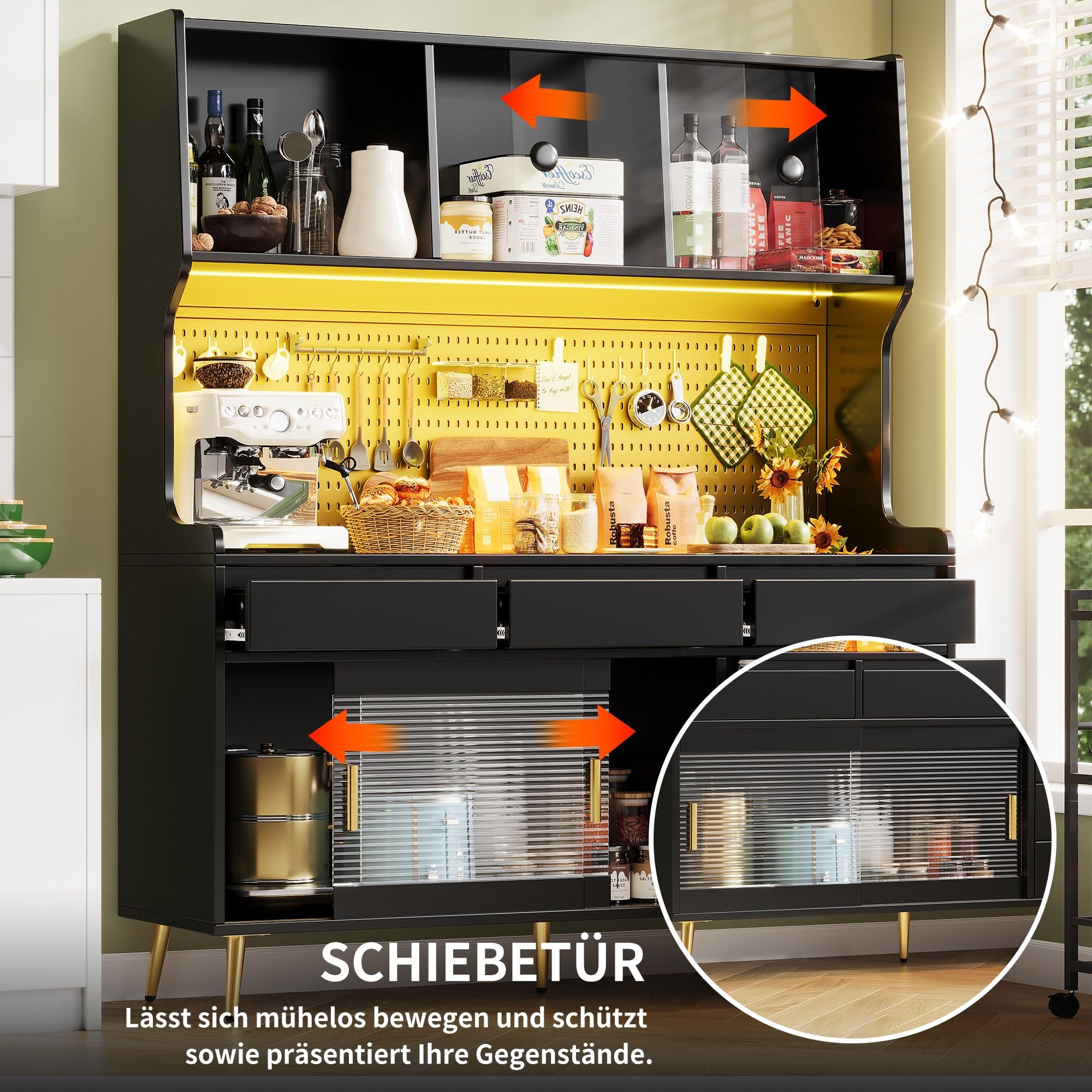Hochschrank mit LED Beleuchtung & App-Steuerung, Küchenschrank oder Esszimmerschrank mit Schublade,Sideboard mit Aufbewahrungsregal mit Lochwand, 145x39x171cm, Schwarz