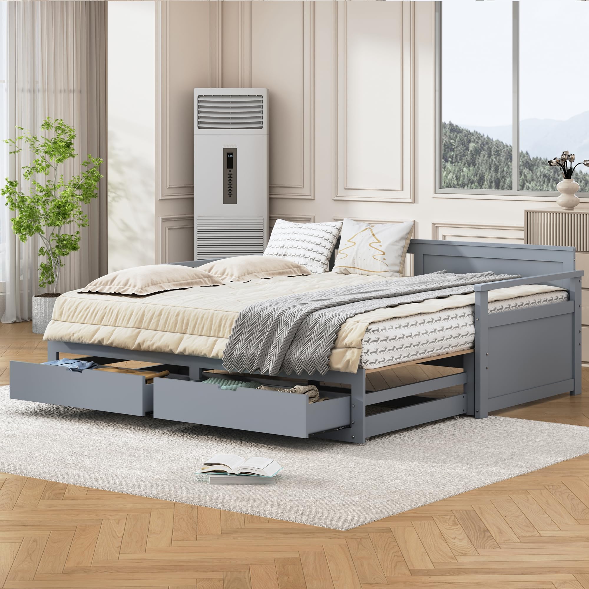 Tagesbett 90 x 190 cm, Ausziehbar auf 180 x 190 cm mit 2 Schubladen und Lattenrost, Platzsparendes Funktionsbett mit Rückenlehne und Armlehnen, aus Kiefernholz, Grau