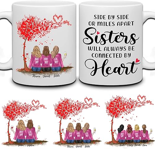 WHIDOBE Taza personalizada para hermana Sisters Will Always Be Connected By Hearts 3 hermanas taza personalizada para hermana de hermana taza de