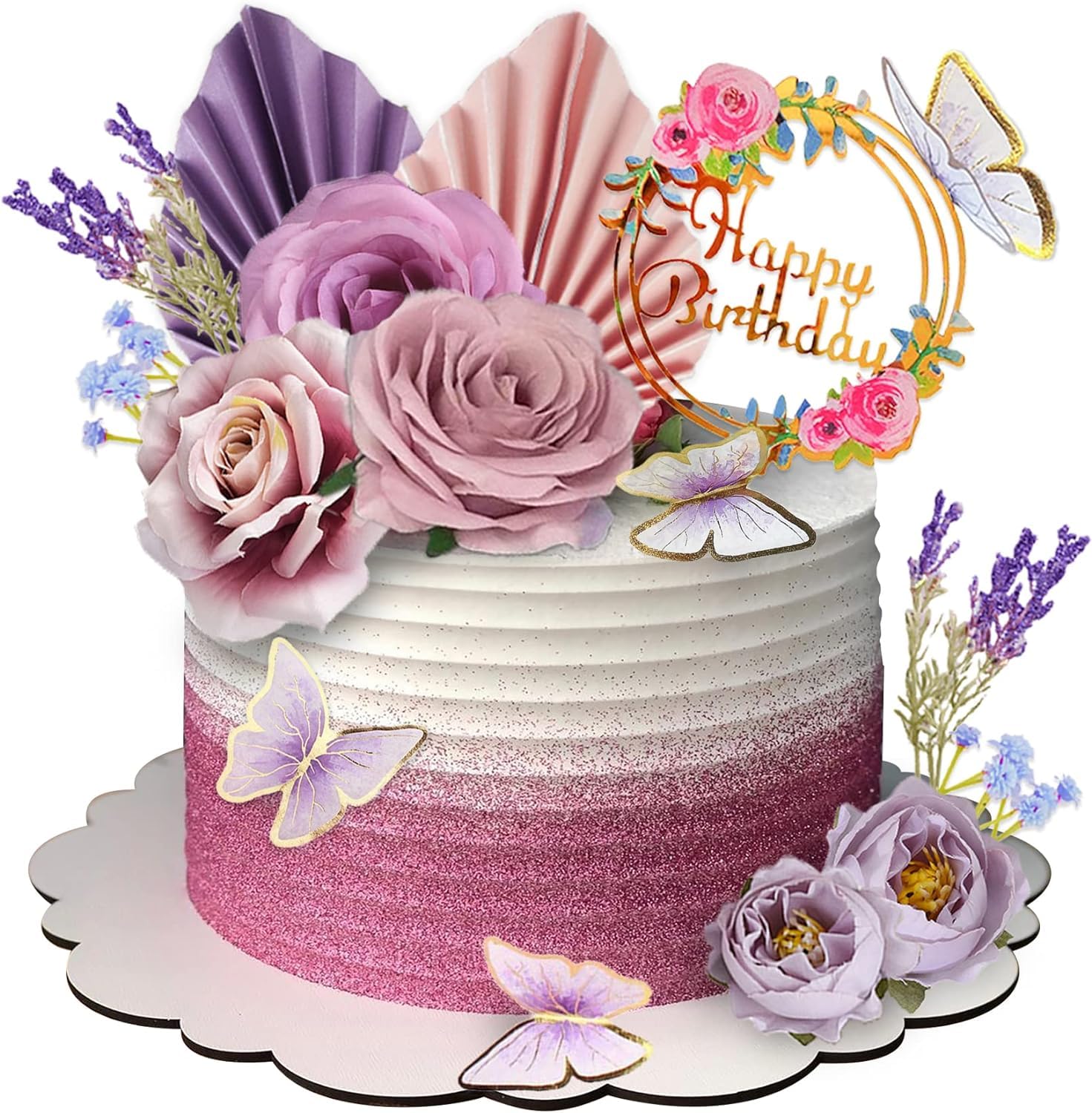 Azonee 17 PCS Flower Cake Toppers Butterfly Cake Decorations Happy Birthday Cake Toppers with Artificial Purple and Pink Rose Eucalyptus for Birthday Party Wedding Baby Shower Supplies (Purple)