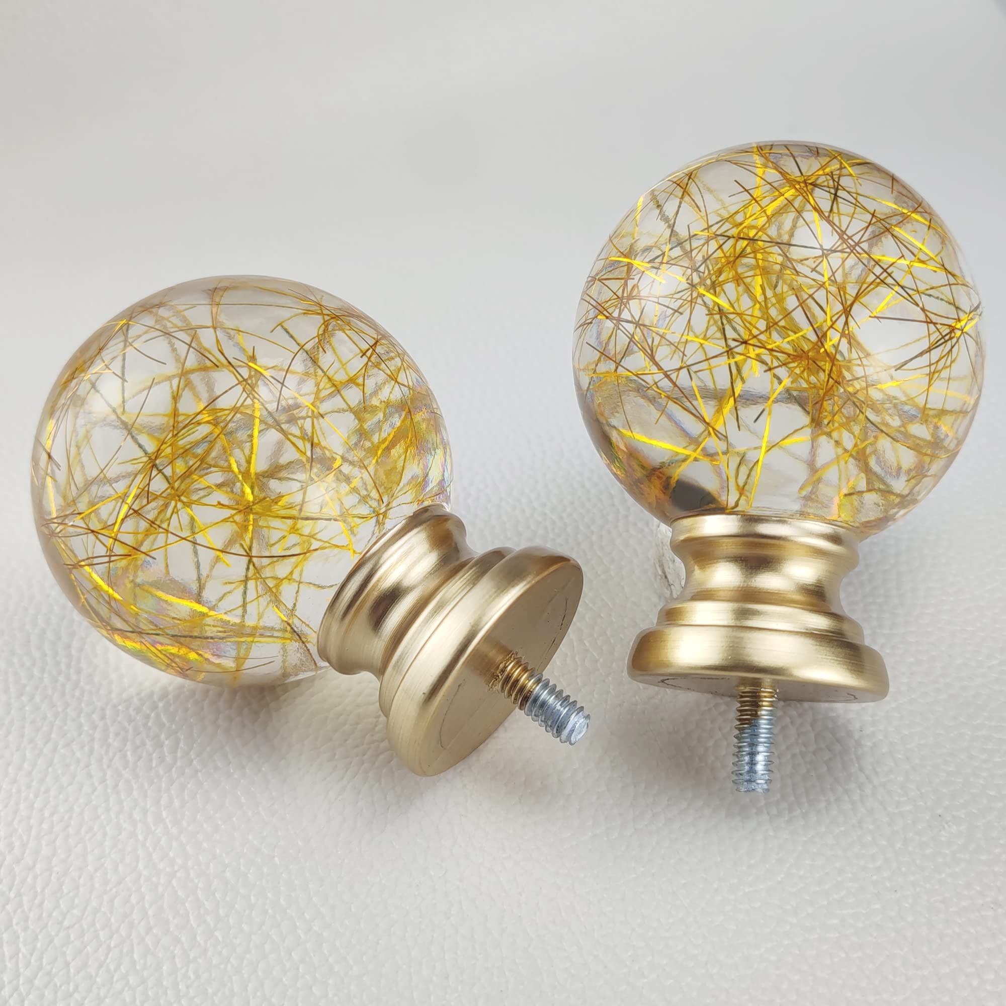 Decorative Curtain Rod Finials, Polyresin Round Gold Lines Clear Finials, Set of 2, Compatible with 1 inch or 1-1/8 inch Dia Curtain Rod, Standalone Finial Pair