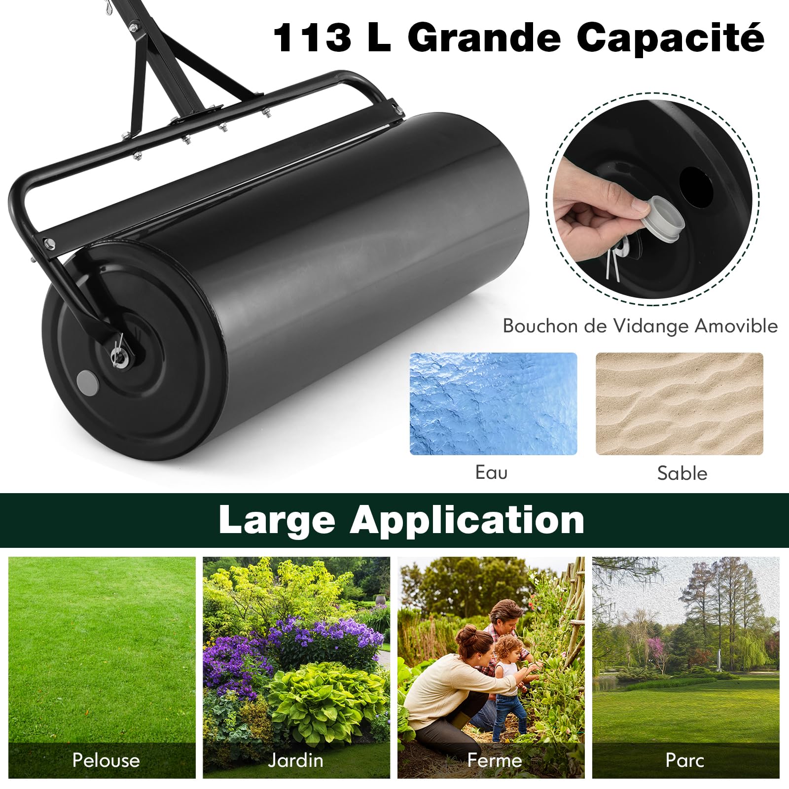 COSTWAY Rouleau à Gazon de Jardin en Métal avec Poignée de Préhension Détachable, Rouleau de Pelouse Rempli d'eau/Sable 113L- Ø 40 CM, Idéal pour Obtenir Pelouse (Noir)