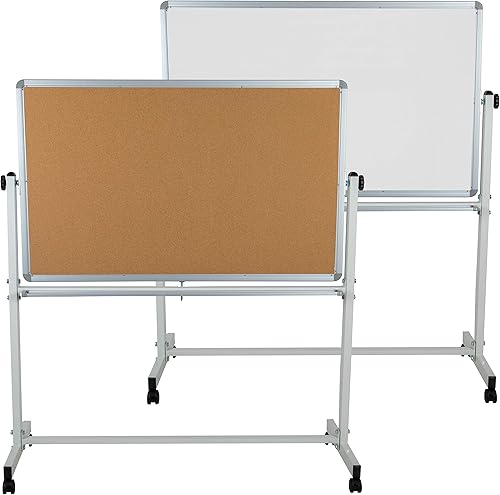 Miniatura 2 de EMMA + OLIVER Tablero de anuncios de corcho móvil reversible de 53 pulgadas de ancho x 59 pulgadas de alto y tablero blanco con bandeja para