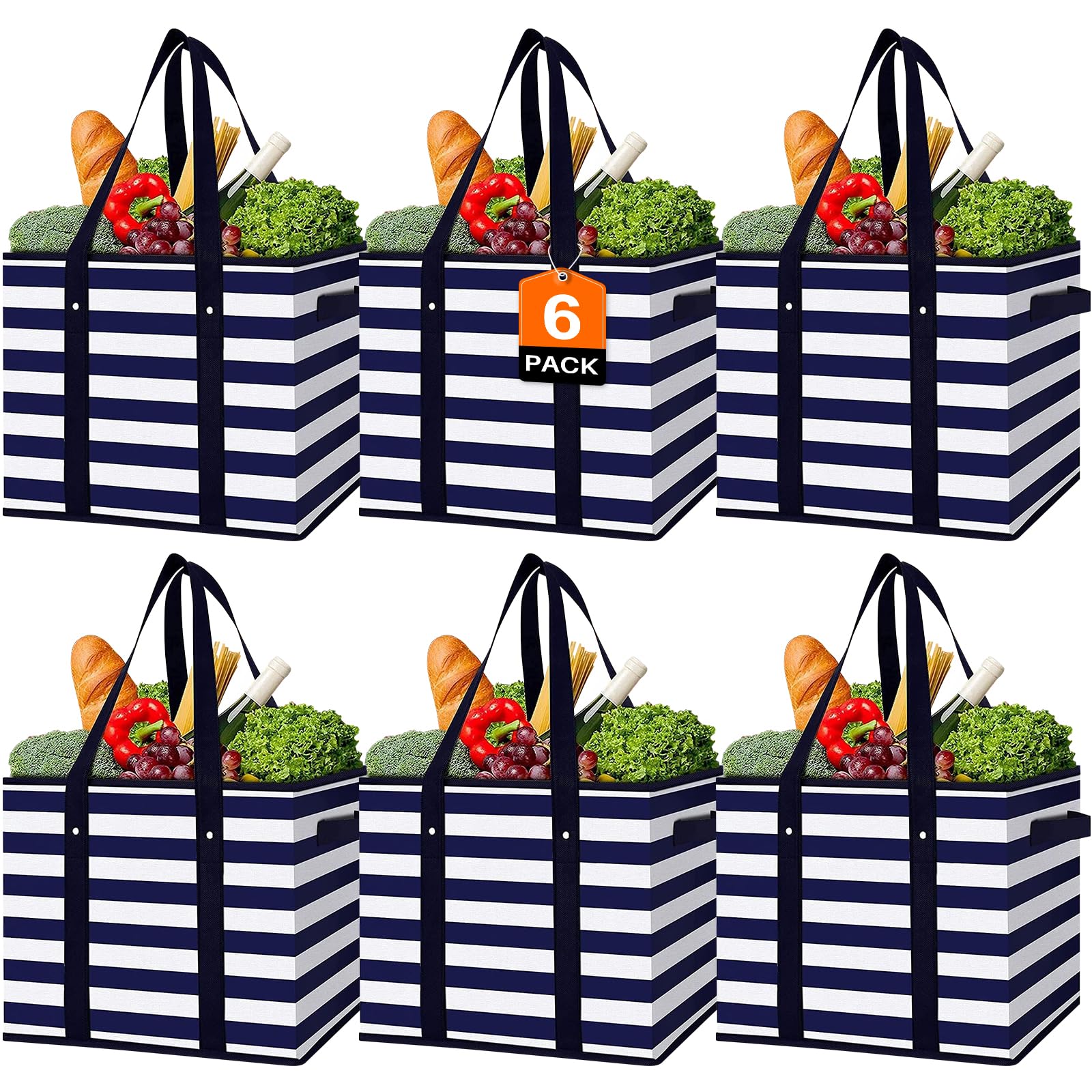 WISELIFE 6 Pack Reusable Grocery Bags Large Water Resistant Grocery Collapsible Heavy Duty Tote Bags for Shopping Picnic