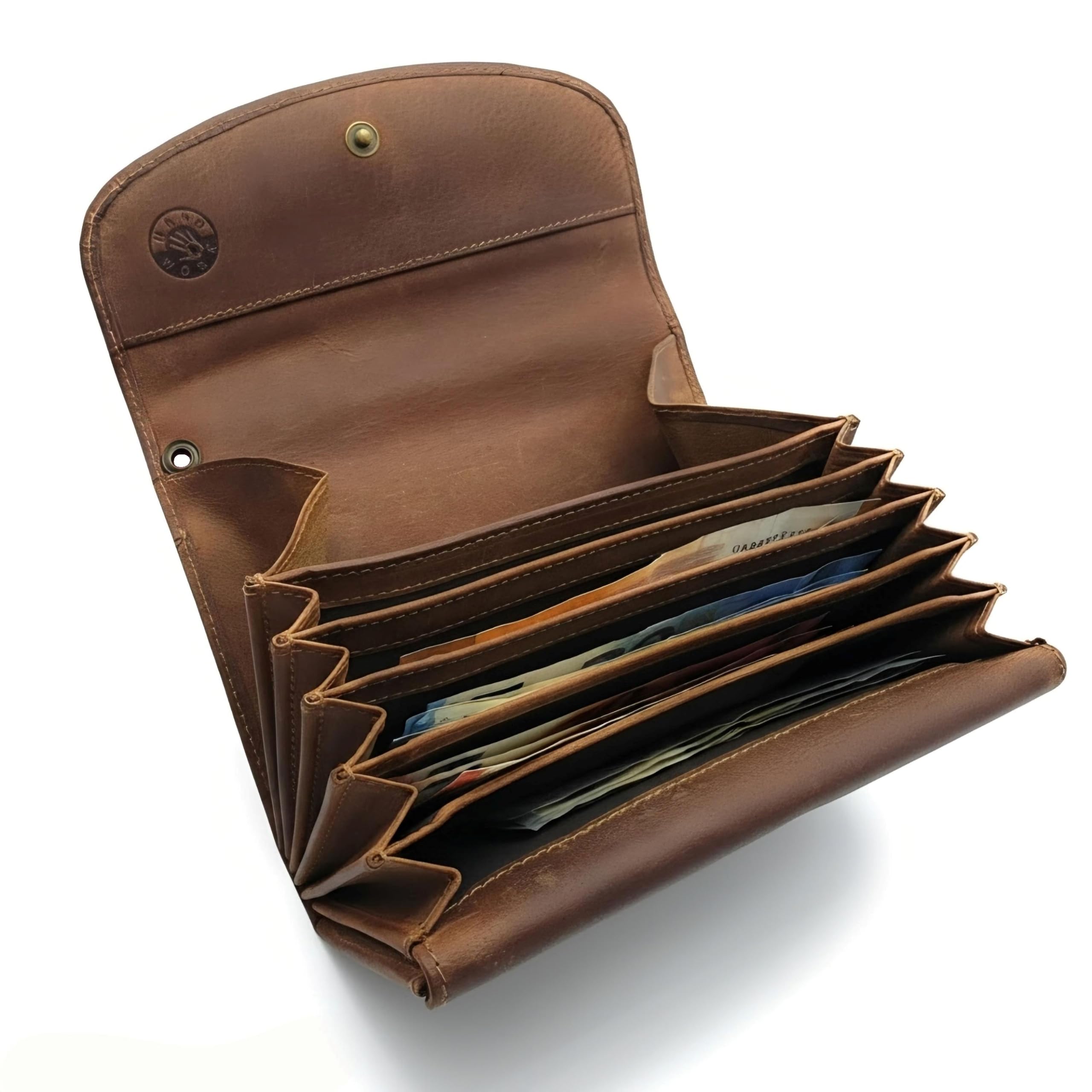 Portafoglio da cameriere in pelle di bufalo con 5 scomparti per banconote e grande scomparto per monete | Chiusura con bottone automatico, scomparti per carte, occhiello per catena di sicurezza, scomparto portamonete in vera pelle