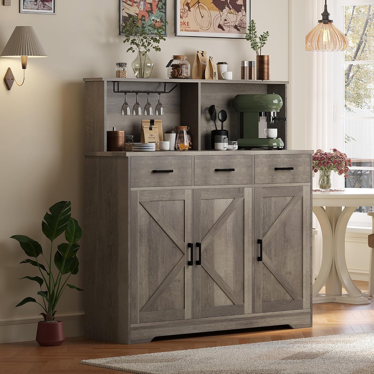 Farmhouse Sideboard Buffet with Microwave Stand, Barn Doors Buffet Storage Cabinet with Drawers and Shelves, Wood Coffee Bar Cabinet for Kitchen, Dining Room, Living Room, Grey