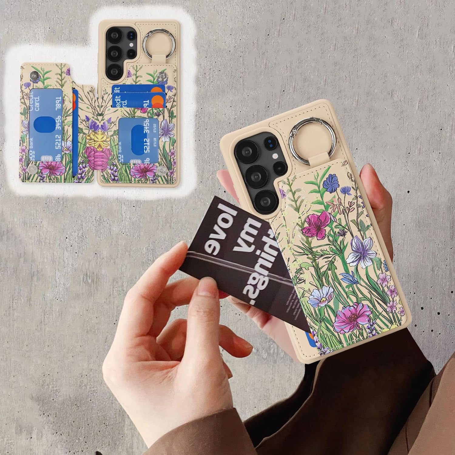 Havaya for Samsung Galaxy S25 Ultra Case Wallet with Card Holder Keychain Ring Stand PU Leather Phone case Floral Flower with Credit Card Slots Women Men-Beige Flower 3 - Image 8