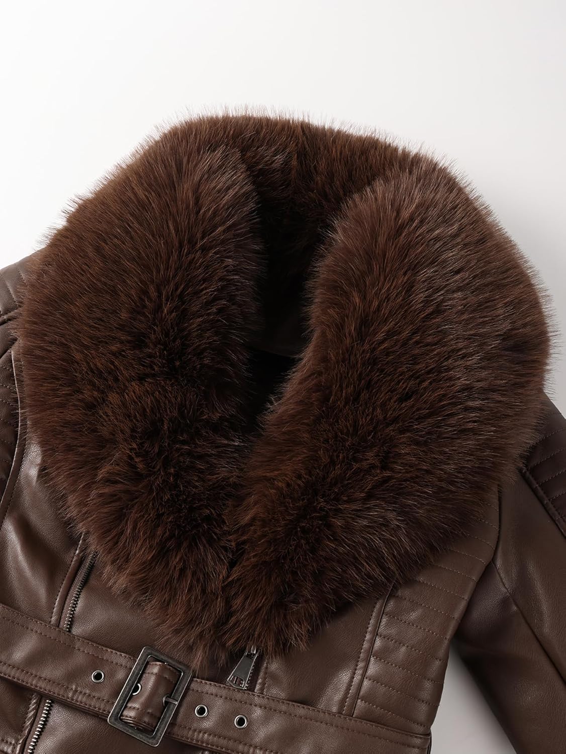 Bellivera Women's Faux Leather Jacket Moto Biker Sherpa-Lined Coat with Removable Fur Collar - Image 2