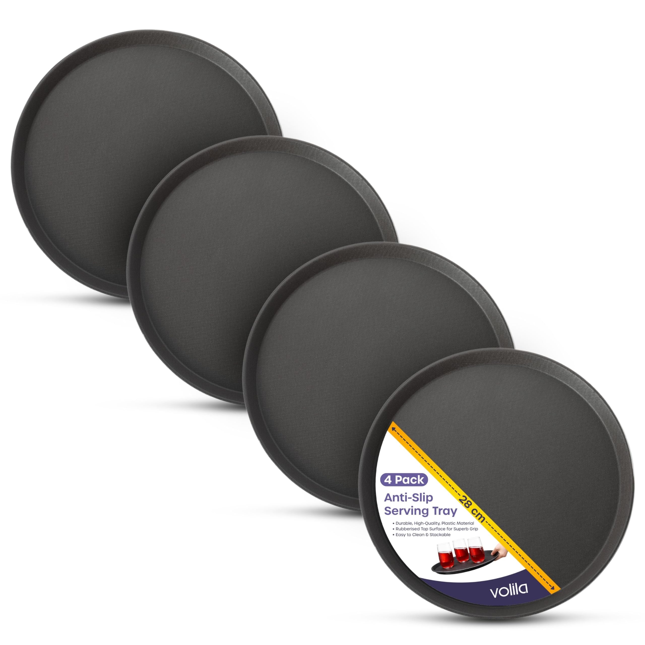Black Round Tray - 28cm (4 Pack) Rubberized Round Trays for Food Serving and Drinks - Dishwasher Safe Non Slip Tray for Parties, Gatherings, Bars, Restaurants, and Home Use