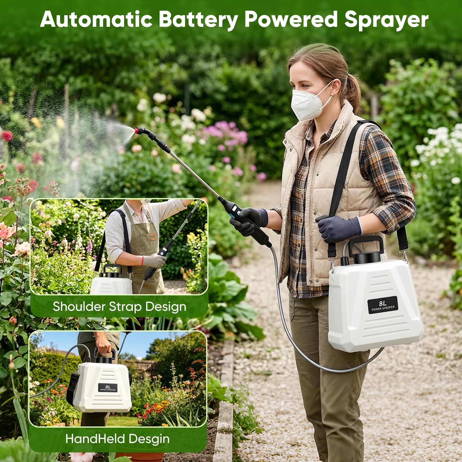 Akku Drucksprüher 8 Liter, Elektrischer Gartensprüher mit 3-Stufen-Griff, 3 Sprühdüsen – Wiederaufladbare Sprühflasche für Pflanzen, Unkrautspritze für Garten & Terrasse