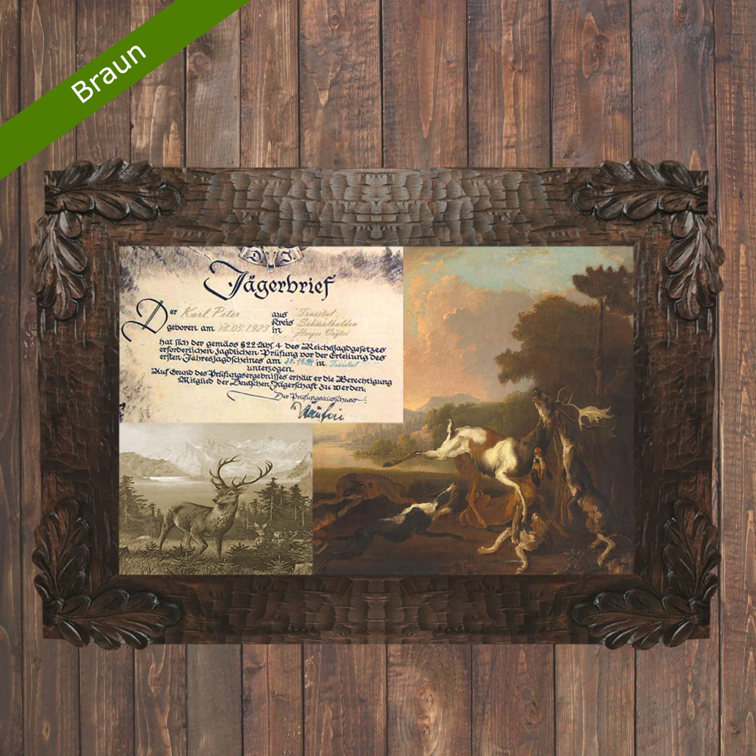 Bilderrahmen Holz Echtholz Rustikaler Landhausstil | Handgeschnitzte Schnitzerei, Made in Thüringen, Vier Farben, 6 Größen: A4 A3 A2 30x40 52x40 31,5x42,5