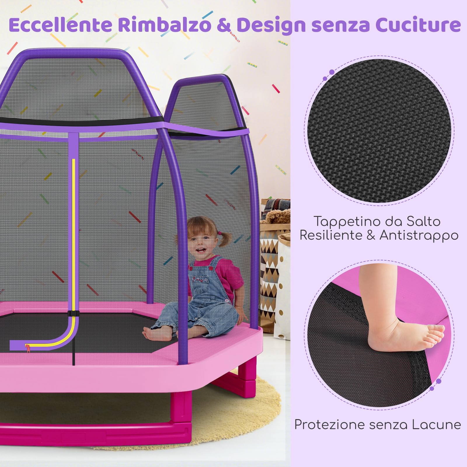 COSTWAY Trampolino Elastico per Bambini 223 cm, Tappeto Elastico per Bambini da Esterno ed Interno con Rete e Cuscinetto a Molle, Portata150 kg, Adatto ai Bambini 3+ Anni