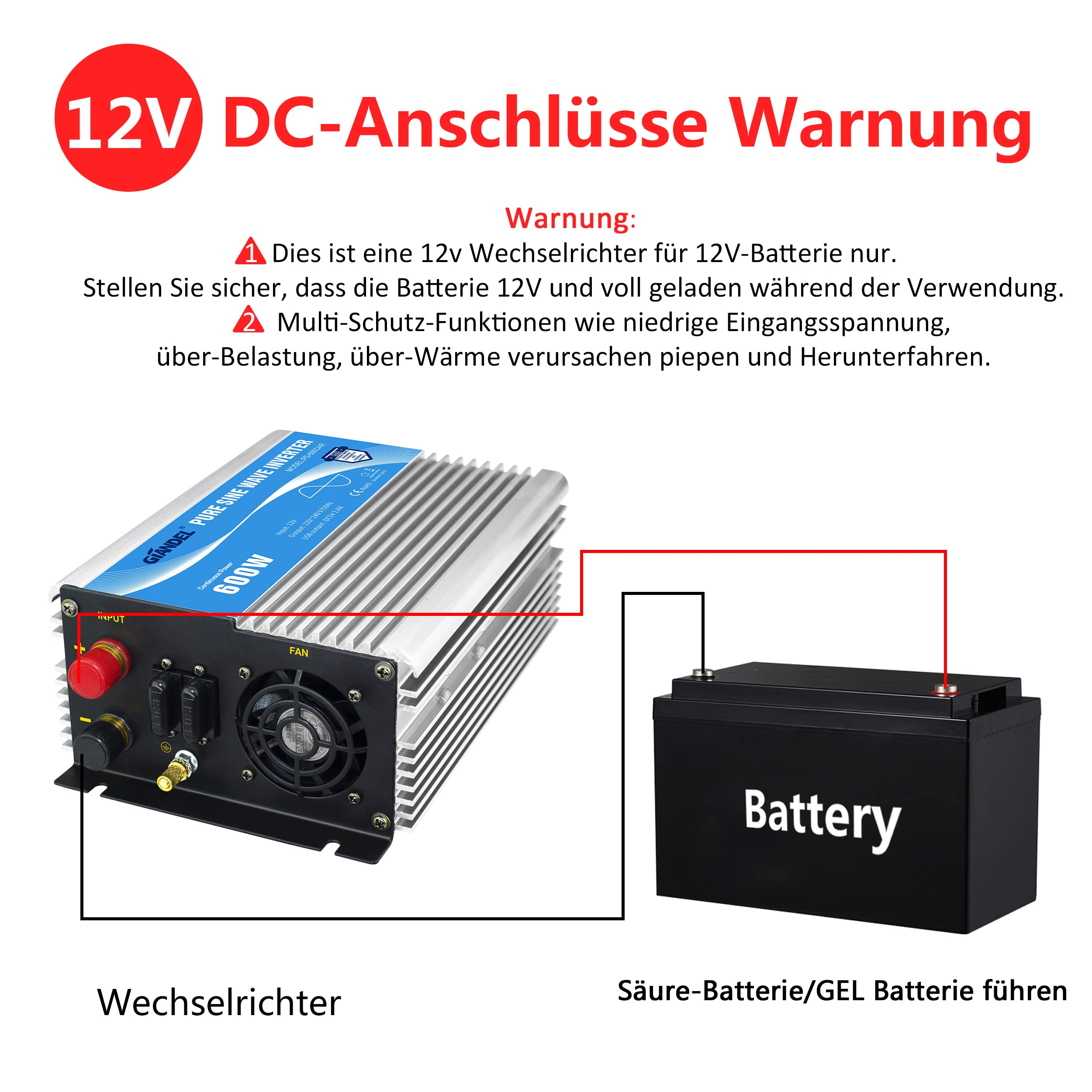 600W Wechselrichter Reiner Sinus Spannungswandler 12V auf 230V Power Inverter mit Fernbedienung und USB-Anschluss für Laptop, Kamera, Smartphone GIANDEL Silver