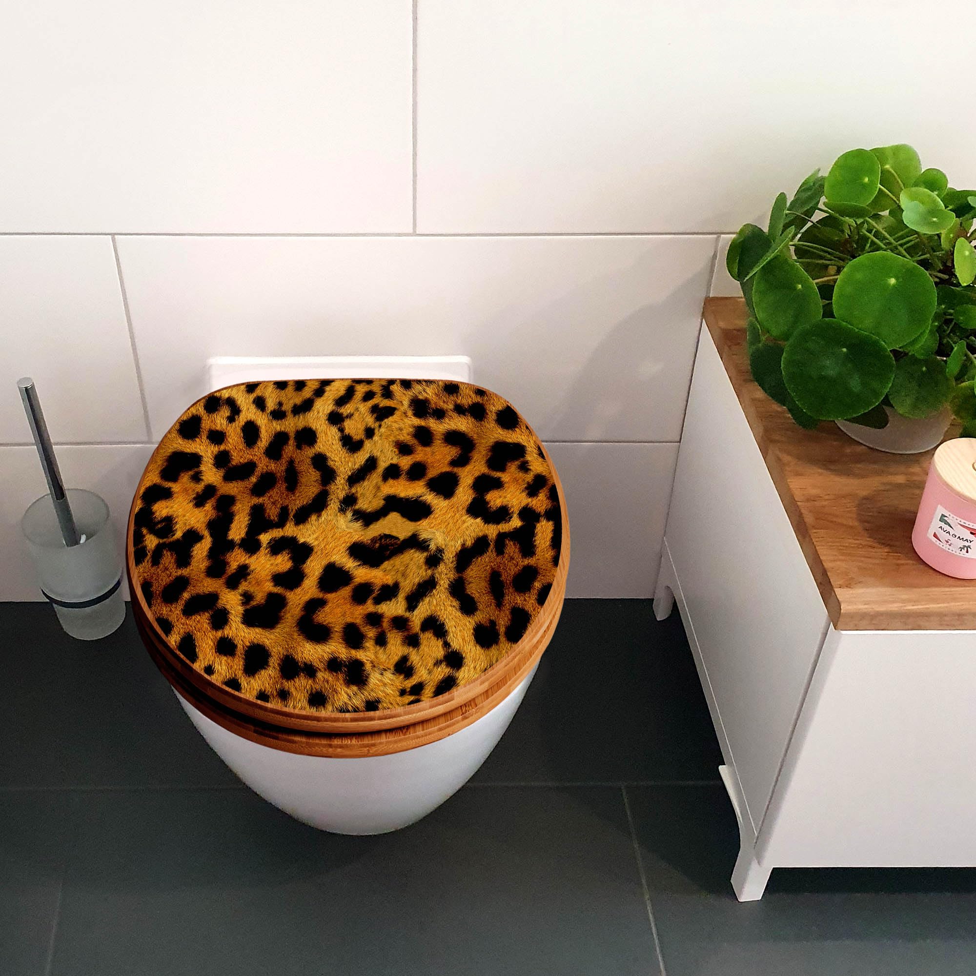 banjado Design WC Sitz Bambus Absenkautomatik 45,8x37,5cm - Toilettendeckel mit Absenkautomatik Holz - hochwertiger Bambus Klodeckel - WC-Sitz für gängigen Toiletten - Motiv Leopard