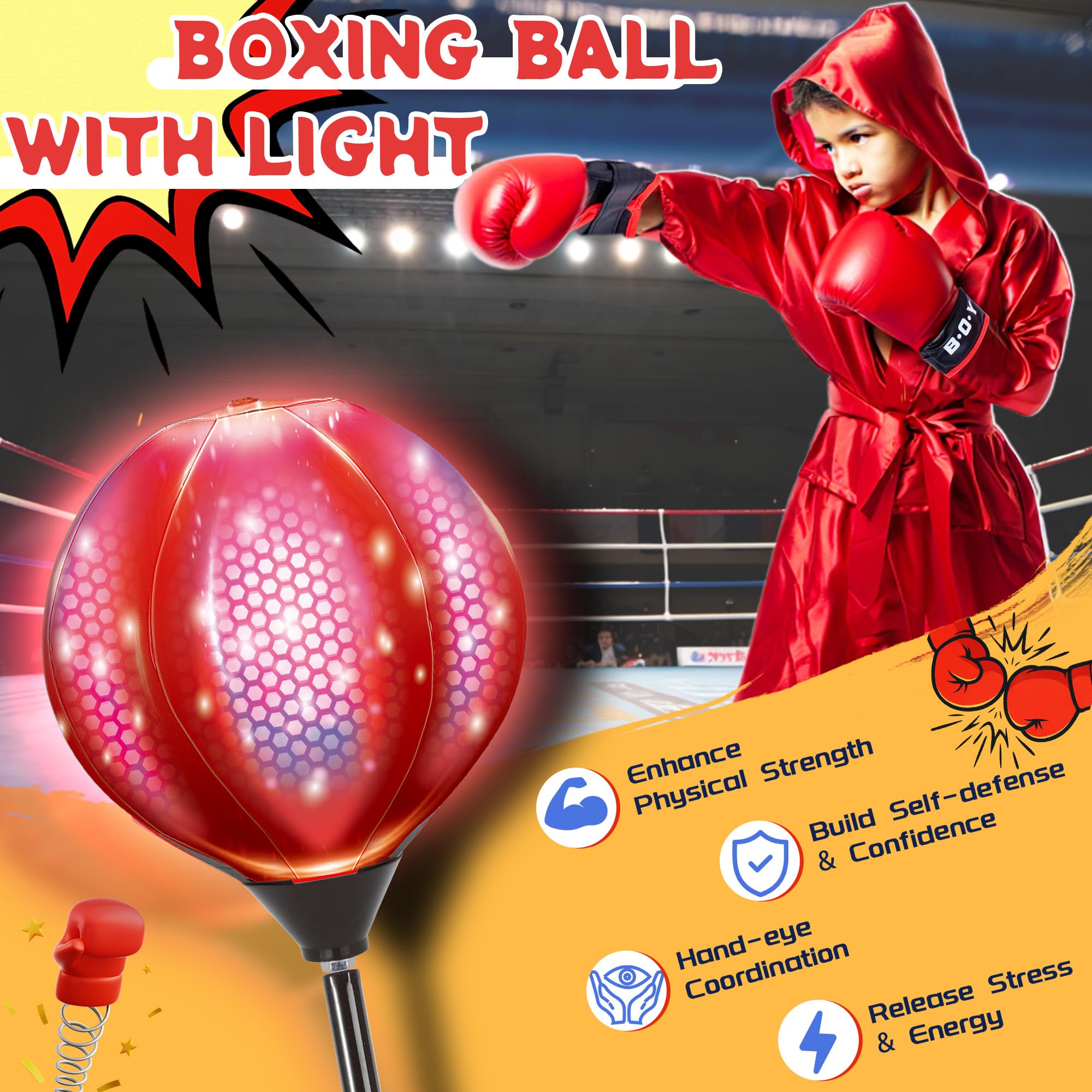 JOY SPOT! LED Boxsack mit Ständer, Höhenverstellbar Punchingball für Kinder, Boxen Set inkl. Boxhandschuhe & Pumpe, Leuchtender Punching Bag für Erwachsene, Boxball-Set Spielzeug für Speed Training