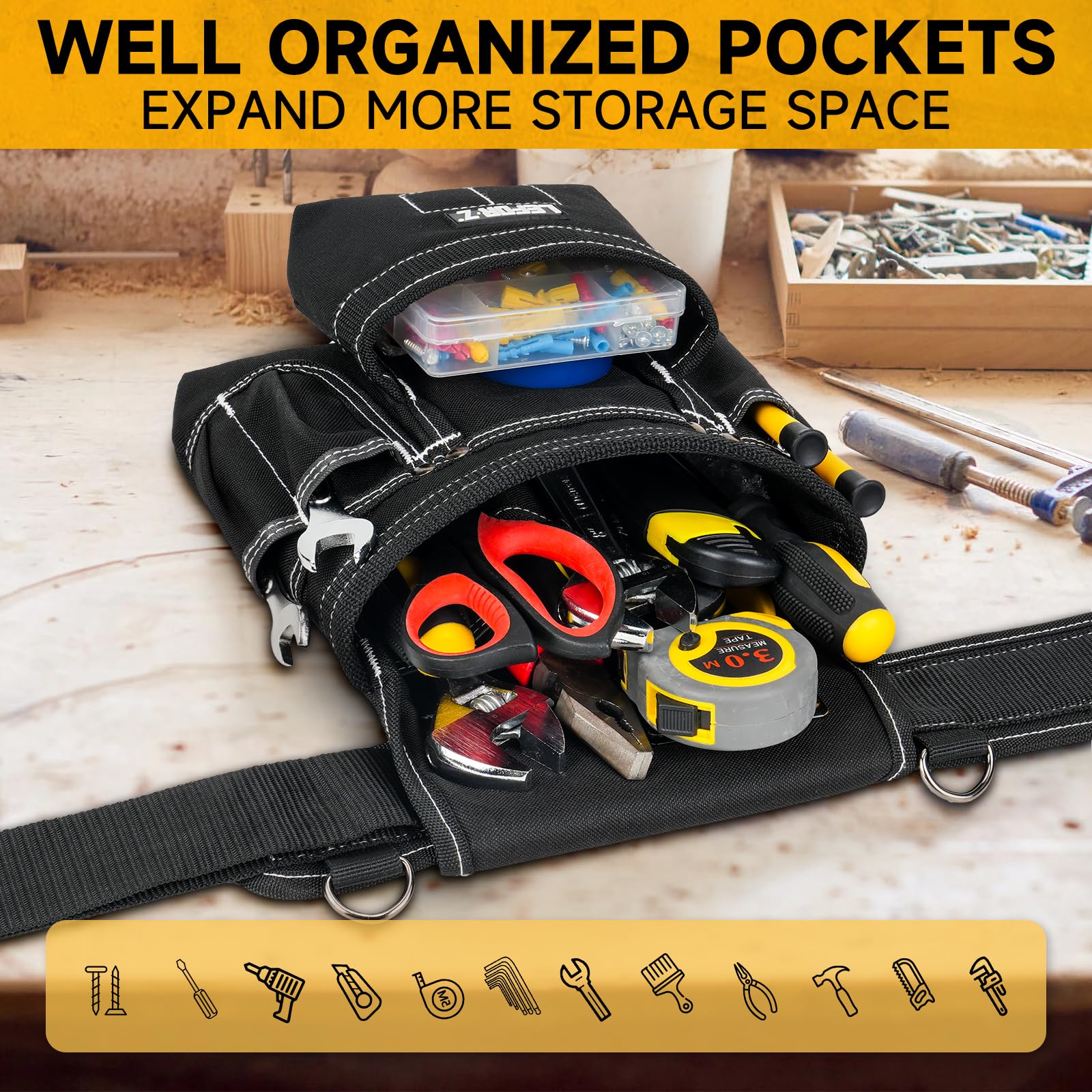 Werkzeuggürtel mit Hosenträgern,27 Taschen Robuster Werkzeuggürtelmit Magnetischer Werkzeugtasche,Abnehmbare Verstellbare Arbeitsgürteltasche für Elektriker,Herren,Schreiner,Bauarbeiter,Schwarz