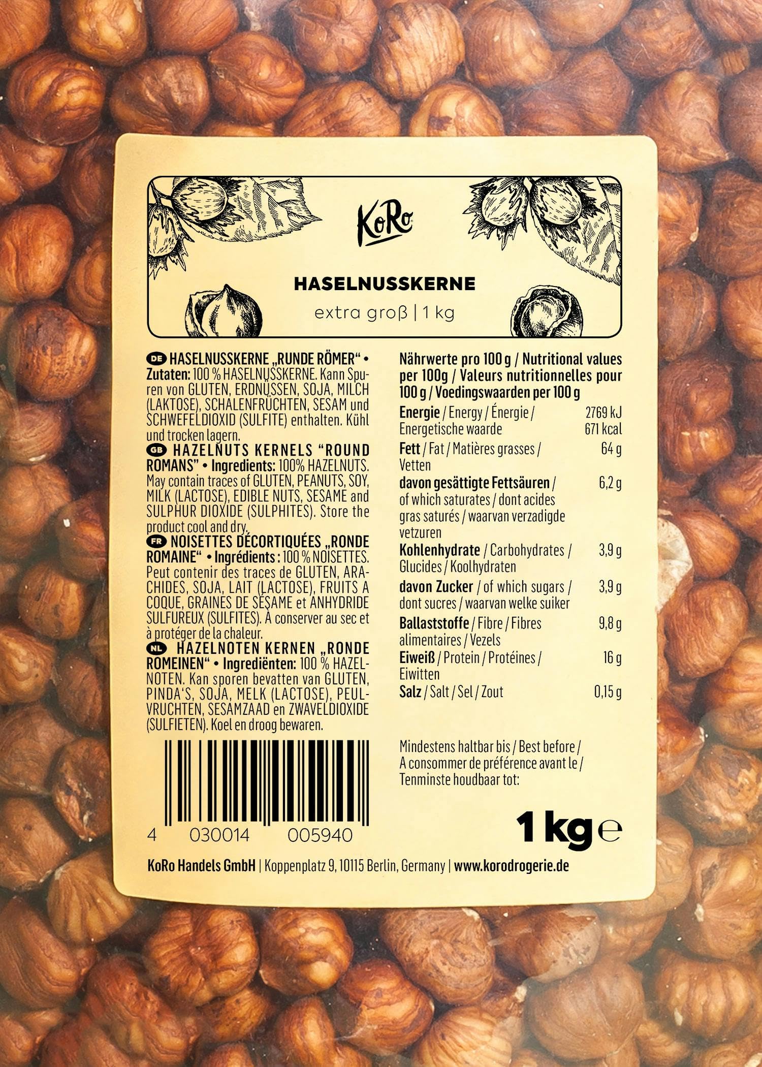 KoRo - Haselnusskerne 1 kg - Extra große Nüsse ohne Schale und ohne Zusätze mit aromatischem Eigengeschmack perfekt im Müsli oder zum Backen