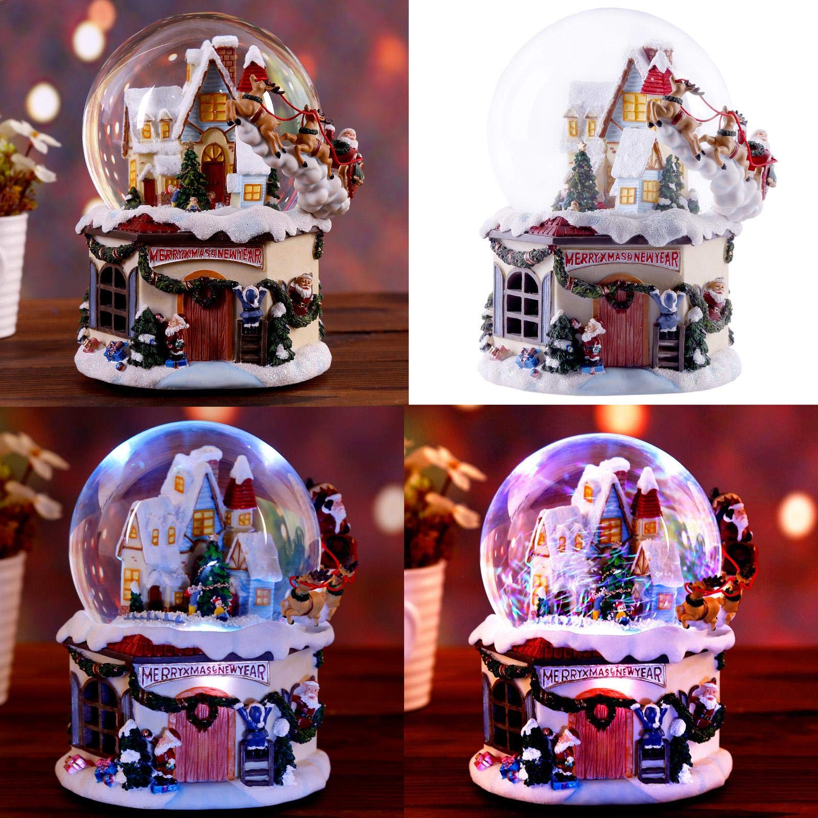 Carillon con Sfera di Natale, Cervo Volante con Casa di Neve di Natale, Palla di Neve Luminosa in Resina Girevole