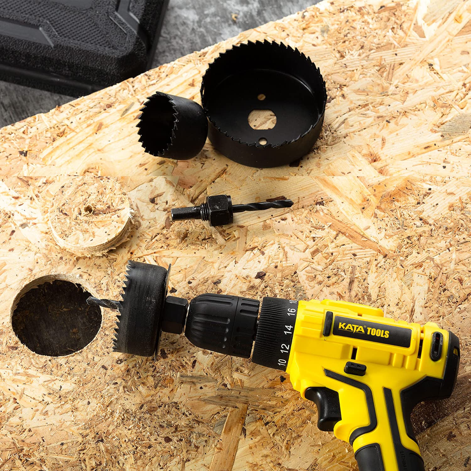 Review Product KATA 18PCS Hole Saw Kit 3/4-5(19-127mm) Hole Saw Set with Mandrels,Hex Key,Install Plate,Ideal for Soft Wood,Plywood,Drywall,PVC Promo 40% OFF KATA 18PCS Hole Saw Kit 3/4-5(19-127mm) Hole Saw Set with Mandrels,Hex Key,Install Plate,Ideal for Soft Wood,Plywood,Drywall,PVC