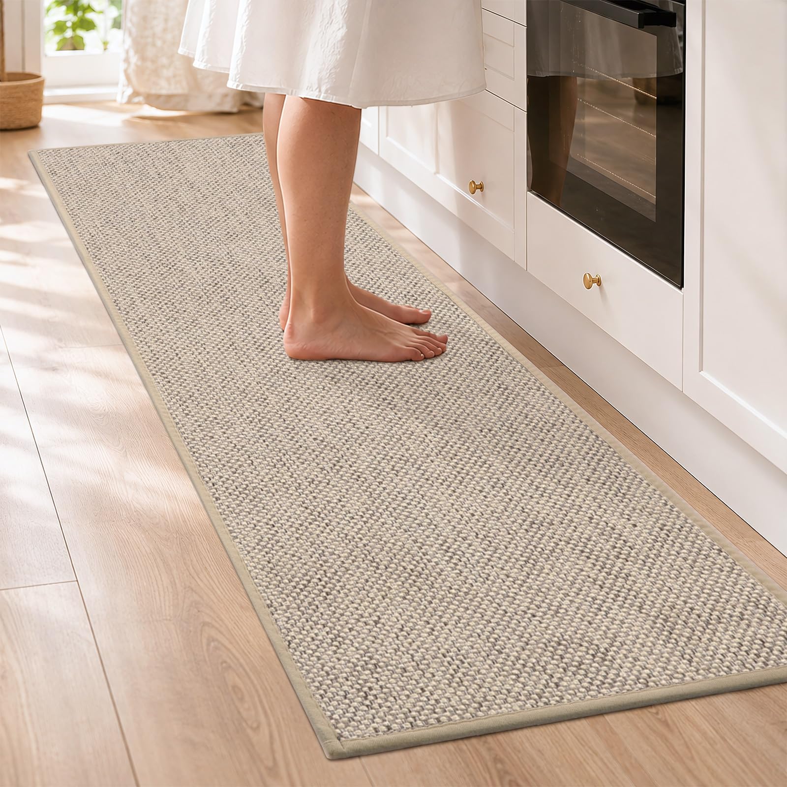 Tuocal Kitchen Rugs, 43x150cm Hallway Runner Rug Extra Long Non Slip Low Profile Washable Kitchen Rugs Dirt Trapping Absorbent Floor Carpet Runner for Hallway Entryway Laundry Besides, Khaki