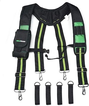 MELOTOUGH Tool Belt Suspenders with Phone Holder Foam Pads for Construction | Construction Work Suspenders, Olive-Green, Foam-Padded, Reduce Shoulder Fatigue, Detachable Phone Holder, On-Hand Access