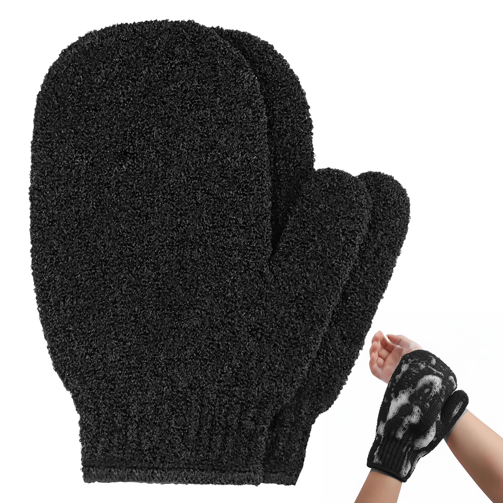 2pcs Exfoliating Gloves, Exfoliating Wash Gloves, Shower Scrub Gloves Away Ingrown Hair and Dead Skin for Shower, Spa, Massage and Dead Skin Cell Remover Loofah - Black