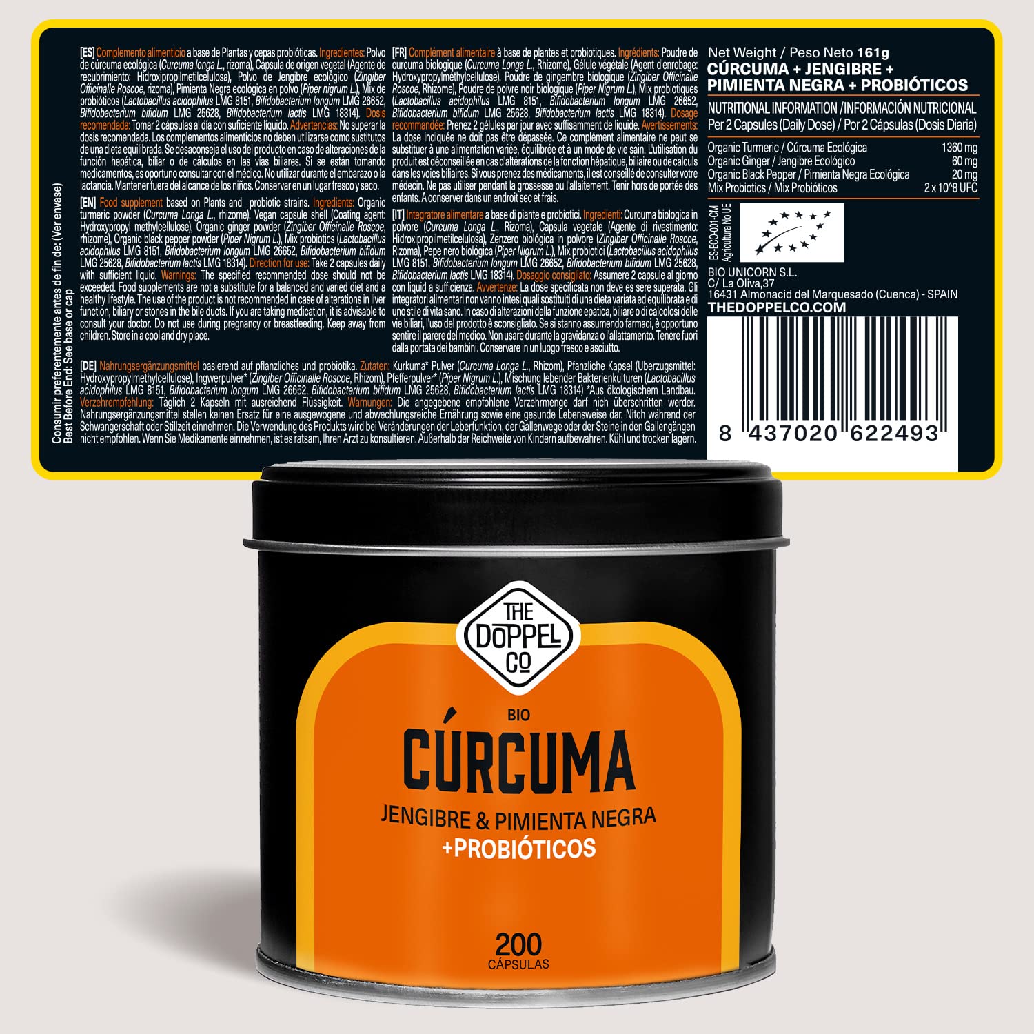 200 Gélules de Curcuma Bio avec Probiotiques, Gingembre et Poivre Noir - Dose Maximale 1460mg - Antioxydant et Anti-inflammatoire Naturel - Os et Articulations - Certifié Biologique