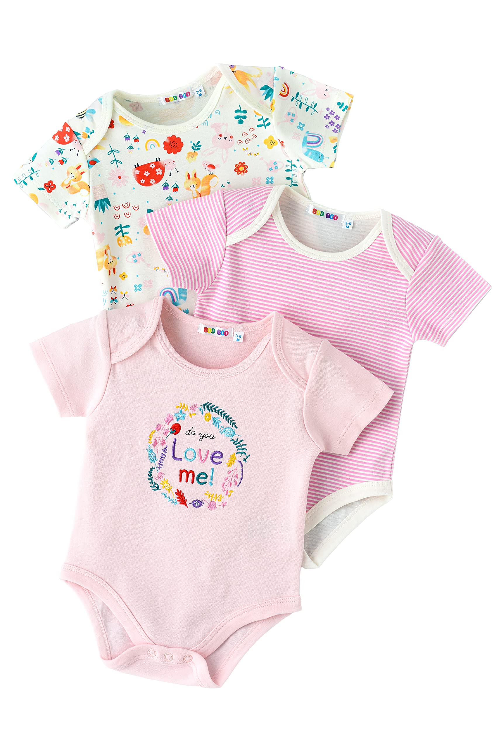 BooBoo Kids Garden Range 3 Pack Bodysuit, 100% Cotton Baby Jumpsuit for Boys & Girls 0-3 Months